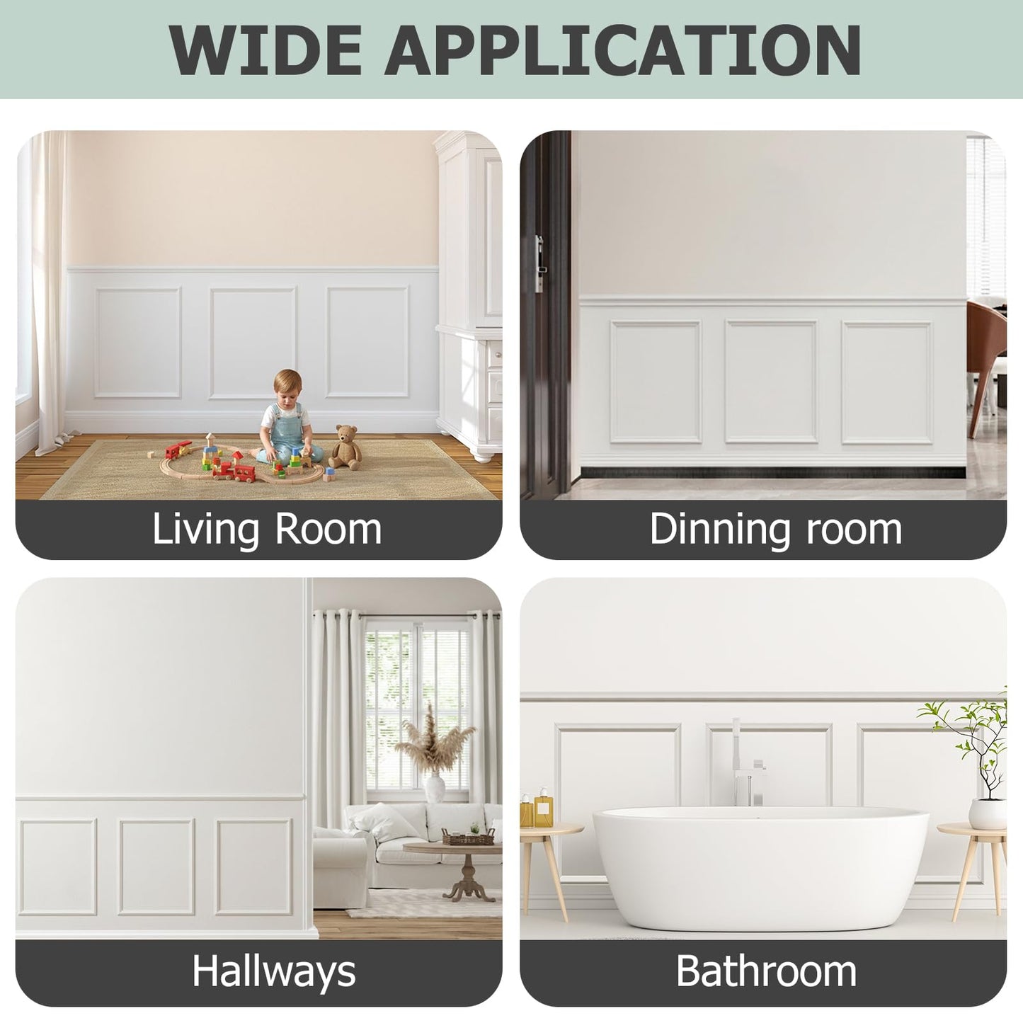 Peel and Stick Wainscoting Panels, 3 Set 20"x27" Wall Molding + 2pcs Chair Rail Trim, Pre-Cut Self Adhesive Premade Molding Panel for Bathroom Hallway Door Nursery Wall, Ready to Assemble