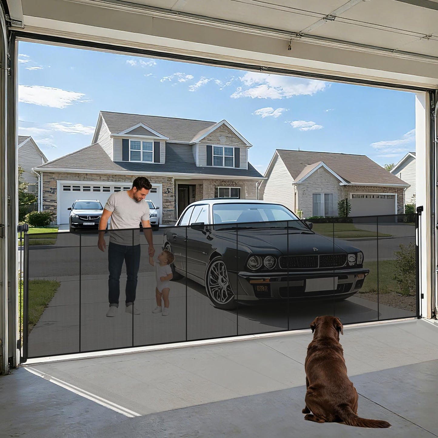 200'' Extra Wide Retractable Baby Gates for Large Opening, 42" Tall Retractable Dog Pet Gate with Support Rods, Long Mesh Screen Child Safety Gate for Garage Doorways Deck Stairs Yard Outdoor Indoor