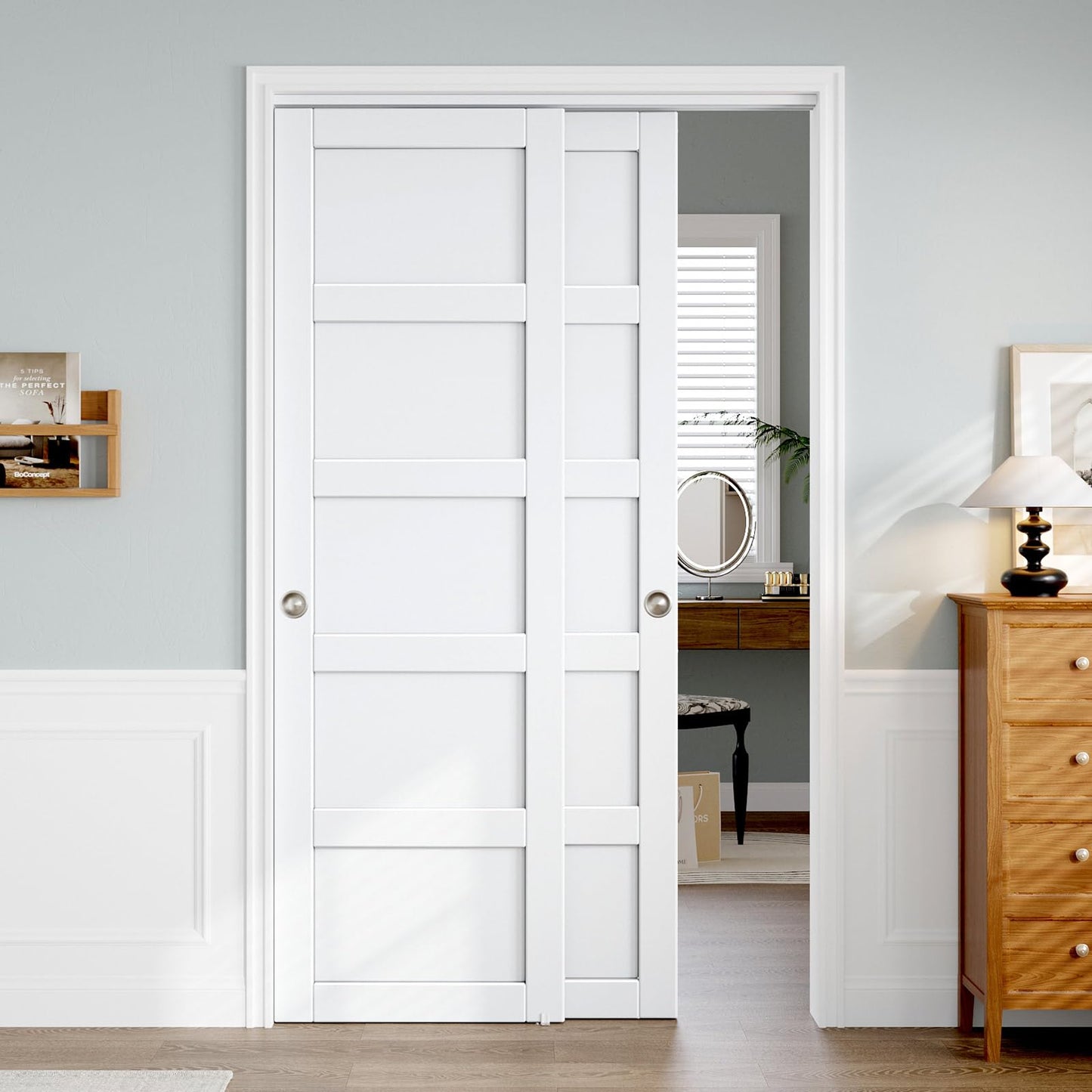 ROYMELO Sliding Closet Door 48"×80" (Double 25"), 5 Panels Bypass Barn Doors with Hardware Track Kit Included for Bedrooms Wardrobe, White, Requires DIY Assembly