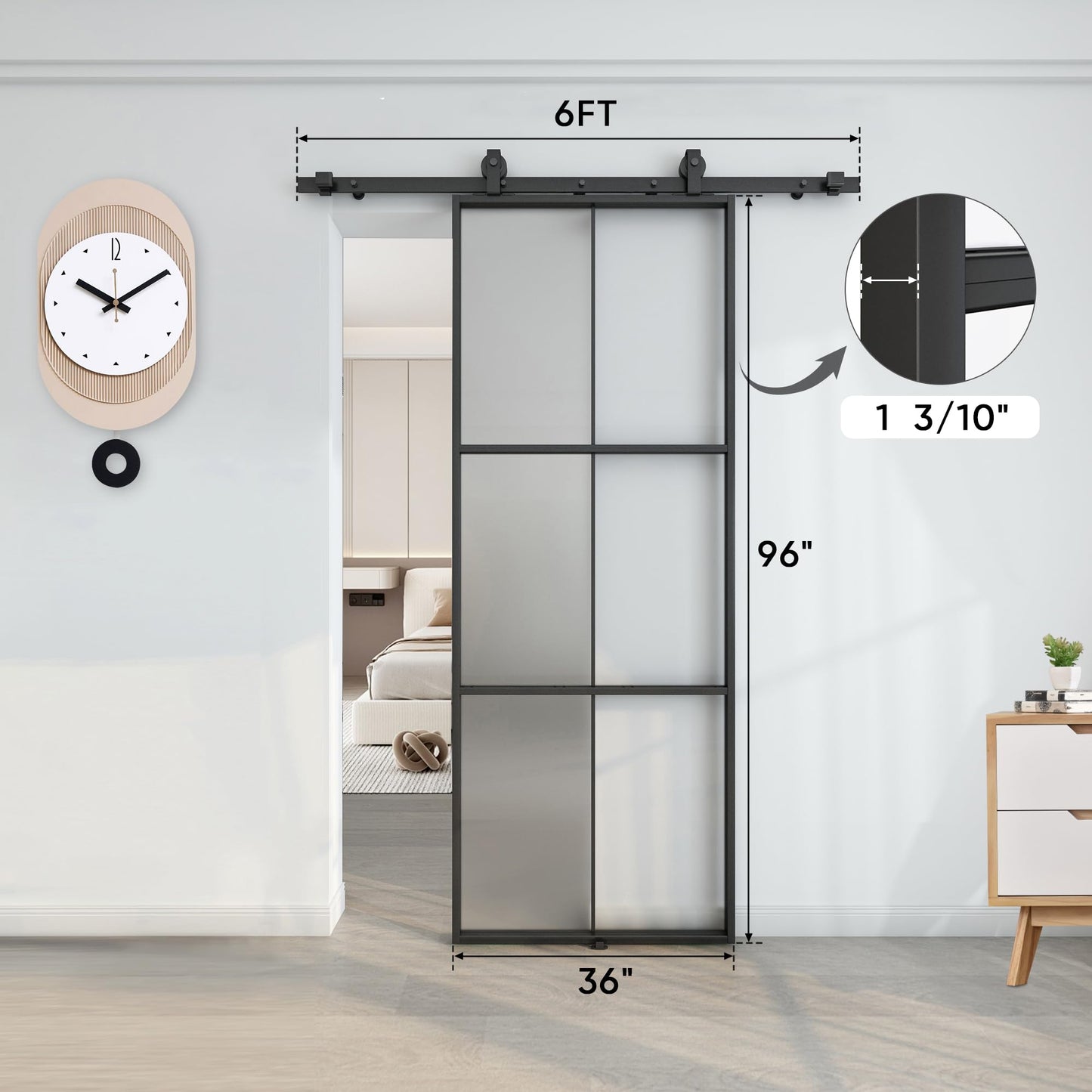BARNSMITH 36in x 96in Glass Barn Door with 6FT Hardware Included, Aluminum Alloy Frame Frosted Tempered Glass, 6-Lite Lightweight Sliding Barn Door, Easy Assembly