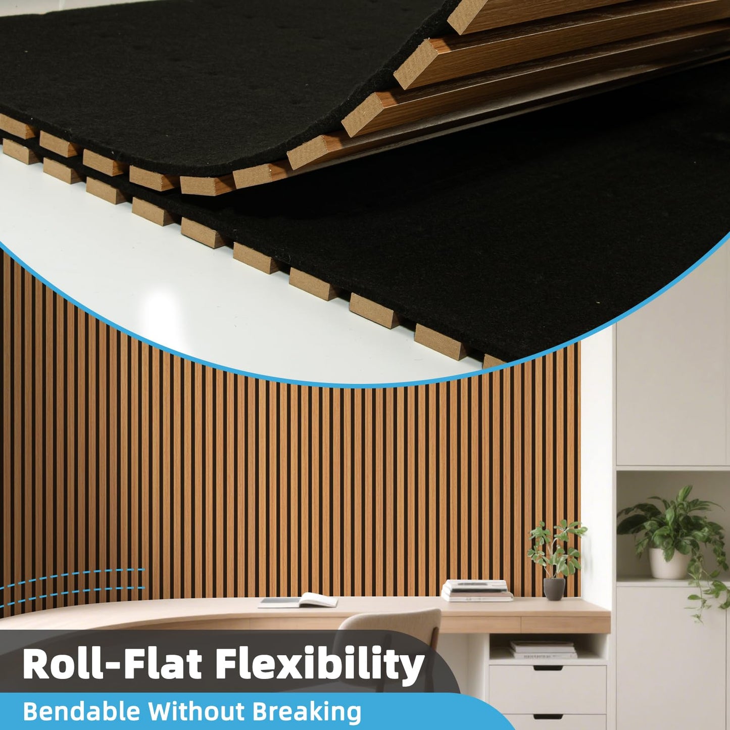 Art3d 1-Pack Acoustic Wood Slat Wall Panel with Roll-Flat Design - 95.3 x 23.8 Inch Sound Absorbing Panels for Living Room Columns Corridor Curved Wall Decor, Teak