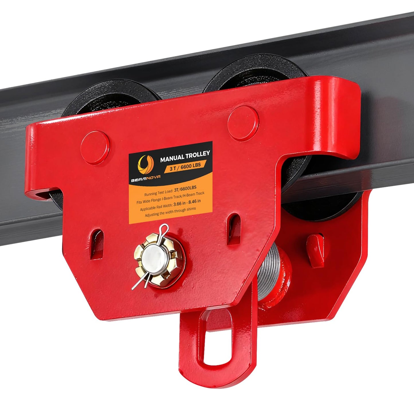 BEAMNOVA I Beam Trolley 3 Ton Manual Adjustable for I-Beam Flange Width 3.66" to 8.46", Overhead Push Beam Trolley Heavy Duty Dual Side Wheels, for Garage Hoist for Straight Curved I Beam
