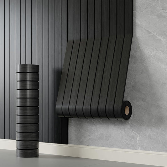 YLL YLL PVC Slat Wall Panel Peel and Stick 118"x 15.7" Faux Black Wood Grain Slat Panel Self-Adhesive Wallpaper Soundproof 3D Wall Panels