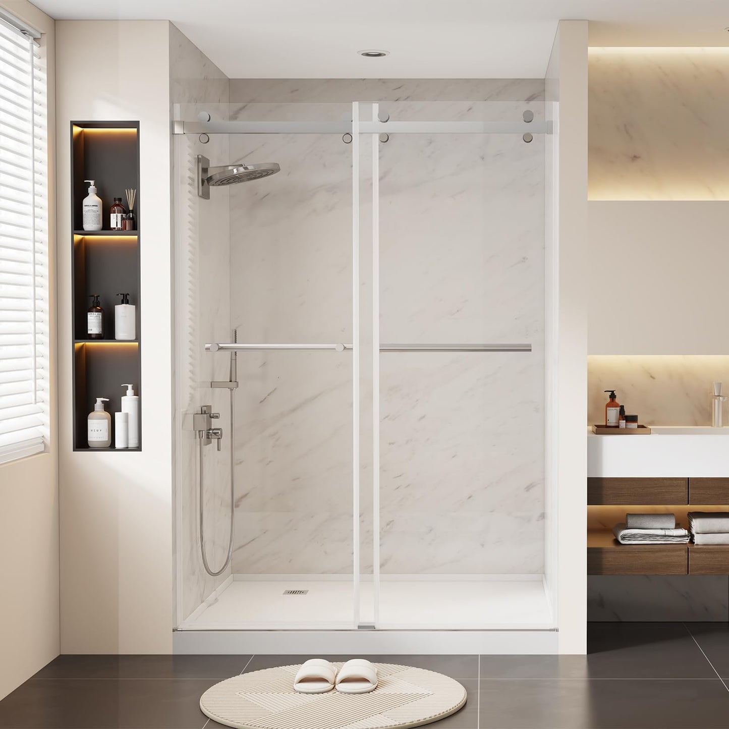 Dimaris 56-60.in W x 74.in H Frameless Shower Door, Shower Door with 5/16" (8mm) Clear Tempered Glass, Easy Sliding, Nano Coating, Stainless Steel, Chrome, Walk in Shower