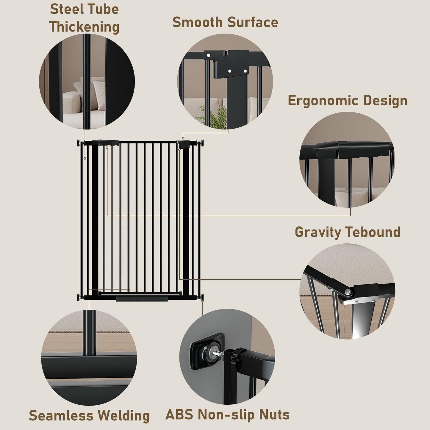 WAOWAO 40.55" Extra Tall 1.37" Ultra Narrow Spacing 53.74-61.61" Extra Wide Dogs Pets Baby Gate Safety Indoor Puppy Pressure Mounted Gate No Drill Black Metal for Stairs,Doorways,Kitchen,Hallway