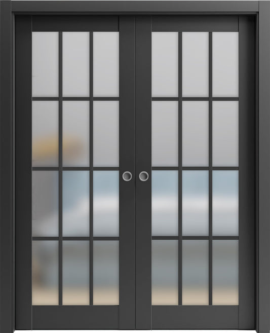 SARTODOORS Felicia 3312 | Interior French Double Pocket Doors with Frosted Glass, Wooden, 36x80, Black, Classic Style | Hardware Included
