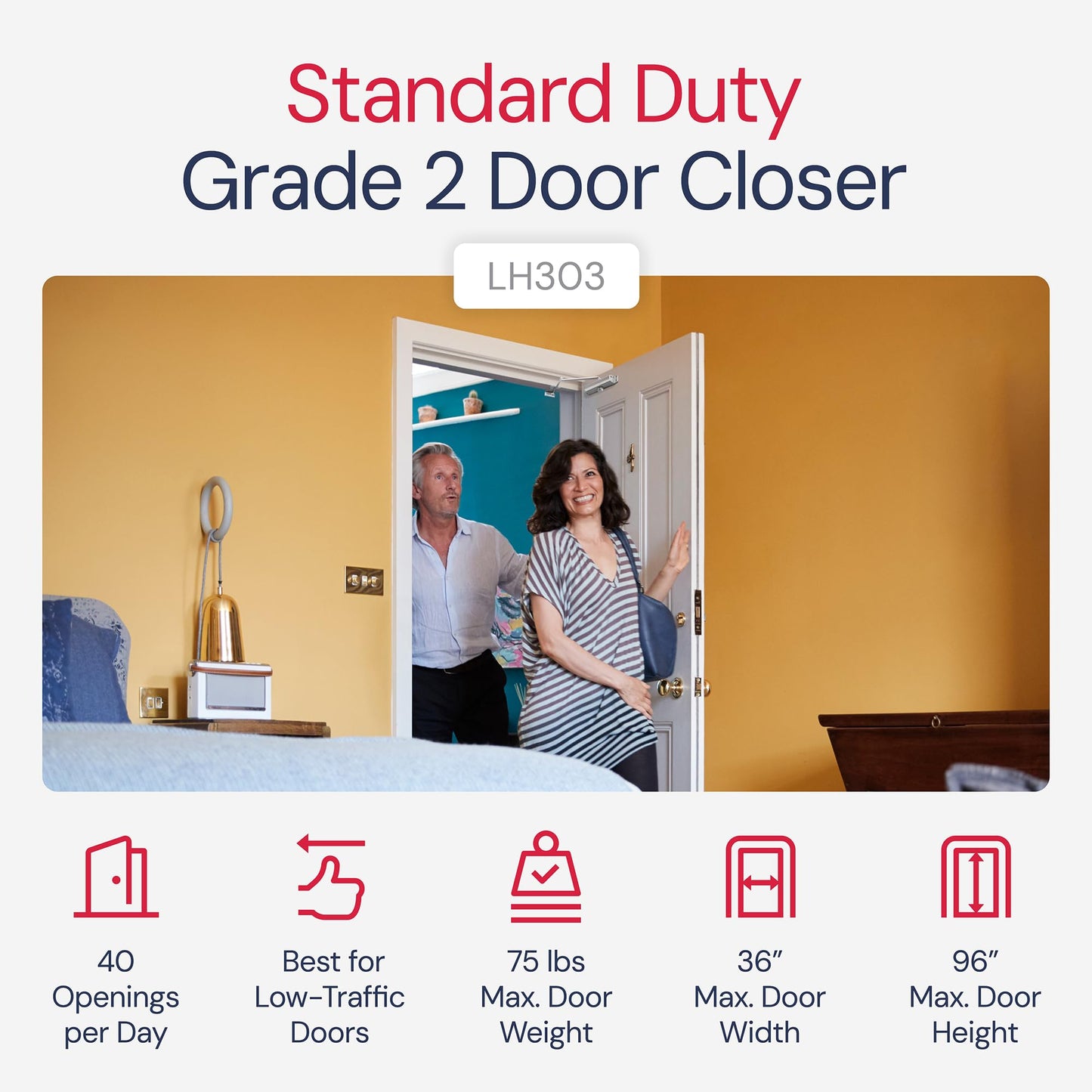 Door Closer for Interior and Light Commercial Door Use Power Size #3 Cast Aluminum Standard Duty Door Closer Automatic Closing and Latching - Embassy Series LH303