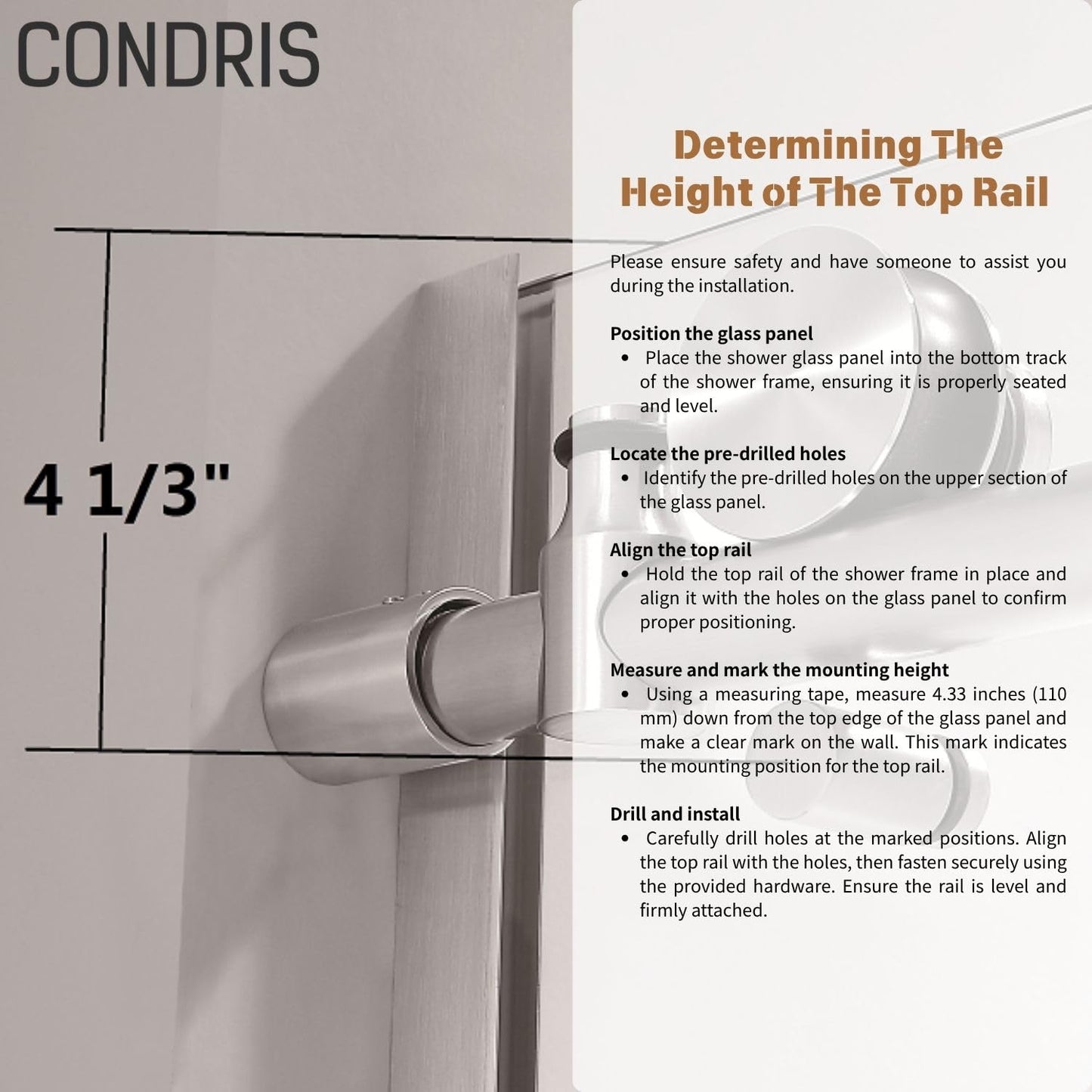 CONDRIS Prime Frameless 60‘’x78’’ Reversible Sliding Shower Door 3/10" (8mm) Thick Tempered Clear Glass with Explosion-Proof Film Nano Coating Stainless Steel Hardware Chromed/Matte Black (Chromed)