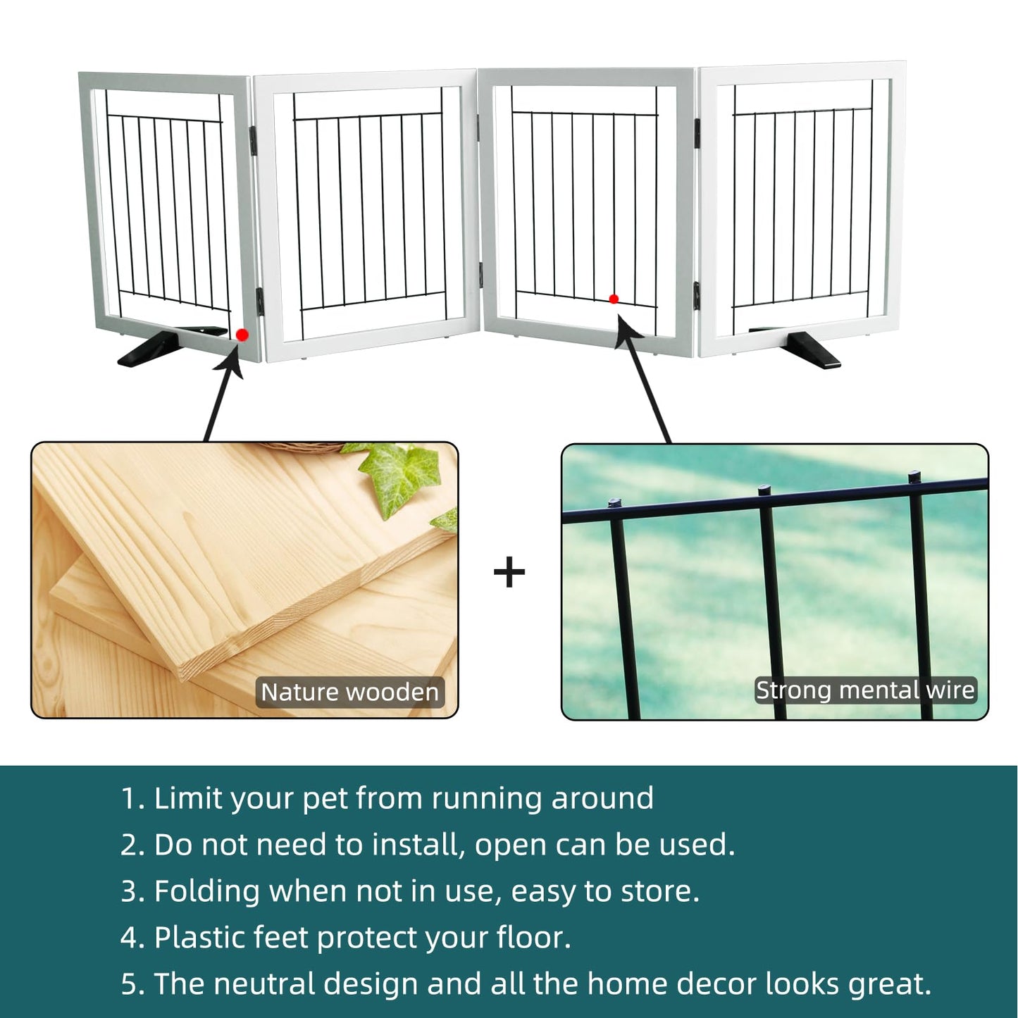 ZJSF Freestanding Dog Gate Indoor, Foldable Dog Fence for Doorways,Hallways or Stairs, Sturdy Wood Extra Wide Pet Gate with Support Feet,White,24 "Height-4 Panels