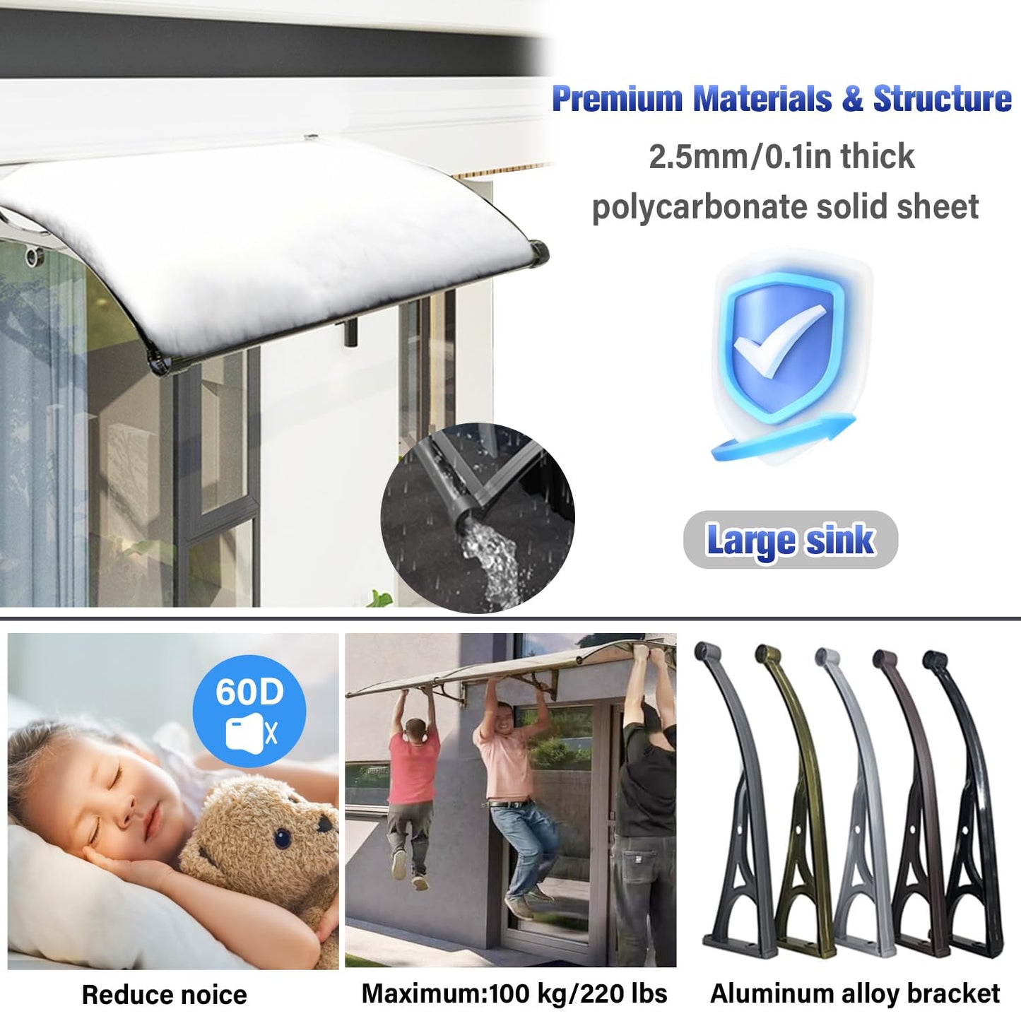 Awning for Door Entrance, Aluminum Window Awnings Exterior for Doors Canopy, Polycarbonate Cover Outdoor Front Doors UV/Rain/Snow Protection, Easy to Install, Gray Board (24x48in)