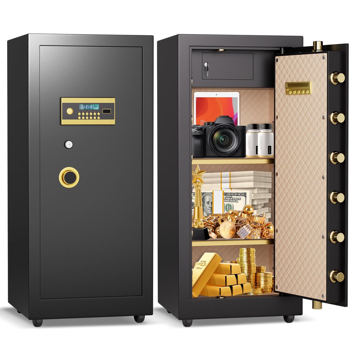 Omethey Safe, 39.37''H Extra Large Safes Box, 9.0 Cubic Feet Heavy Duty Safe with 2 Adjustable Shelf & Seperate Lock Box, Home Floor Safes with LCD Screen & Hidden Code for Doc Cash Jewelry Valuables