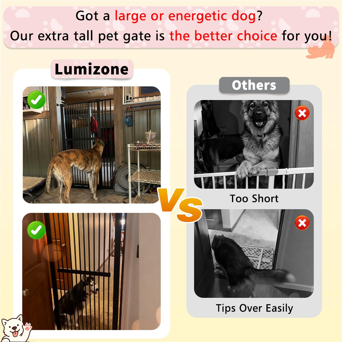 Lumizone Extra Tall Cat Gate 61.02" High Pressure Mounted Extra Wide 26.38"-30.11" (17Sizes) 1.37" Gap No Drilling Auto-Close Tall Pet Gate for Dogs (Cream, 26.38"-30.11" W)