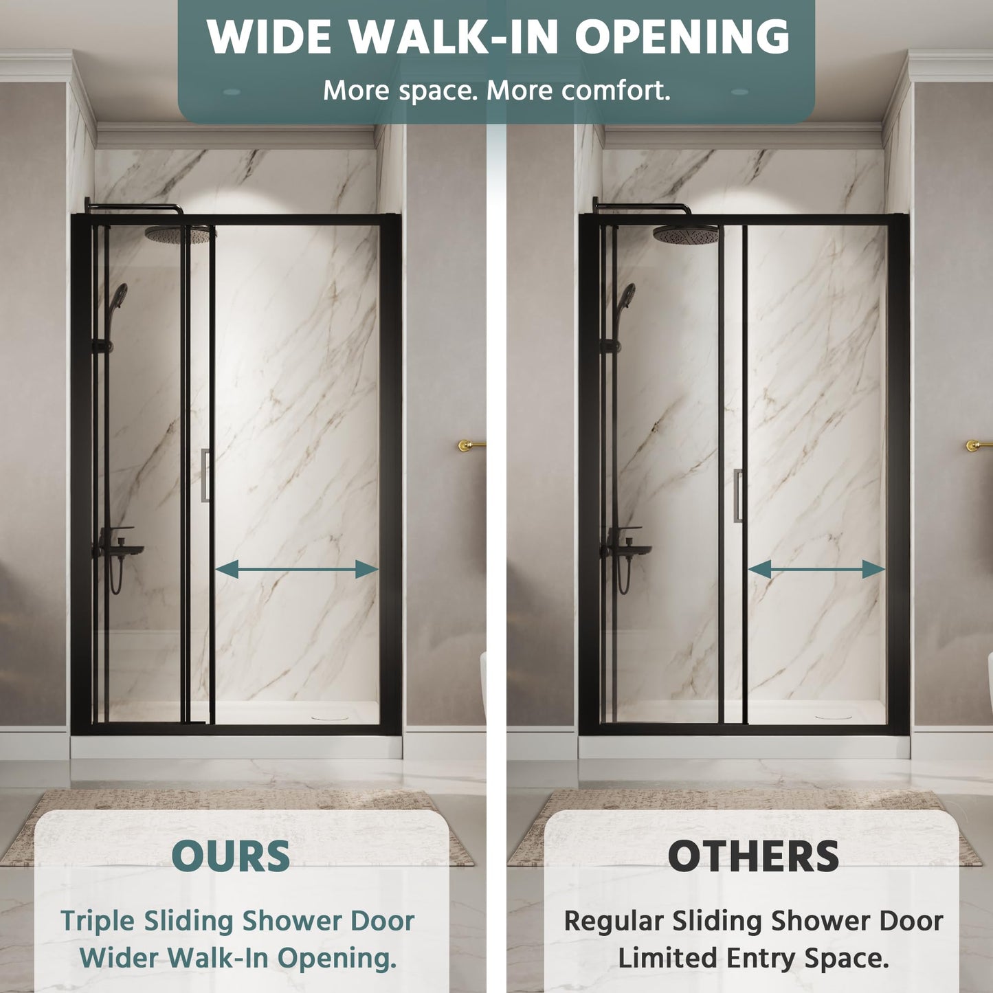 ComfyStyle 44"-48"W x76''H Tri-Fold Sliding Shower Door, Wide Walk-In Opening, Space-Saving Triple Shower Doors with Flexible Folding Glass Panels, Hidden Roller System, 6mm SGCC Tempered Glass, Black