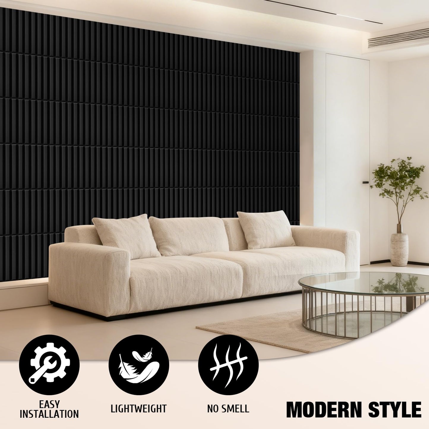 Qidejoy 33 Pcs 3D PVC Slat Wall Panels 12X12in Fluted Textured Paneling Modern Decorative Tiles Cuttable Paintable DIY Wall Art for Interior Decor, Bedroom, Ceiling, TV Background, Bathroom (Black)