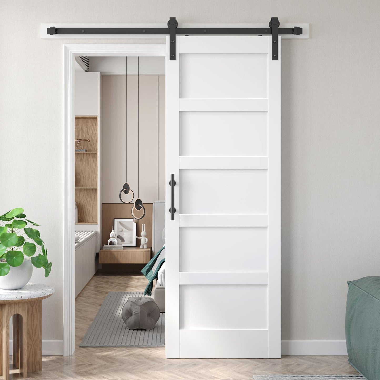 Fredbeck 32x84 inch White Barn Door with 5.5FT Sliding Door Hardware Kit Included & Handle,Solid,MDF,PVC Surface,DIY Assembly,5-Panel,Fit 29in-30in Opening