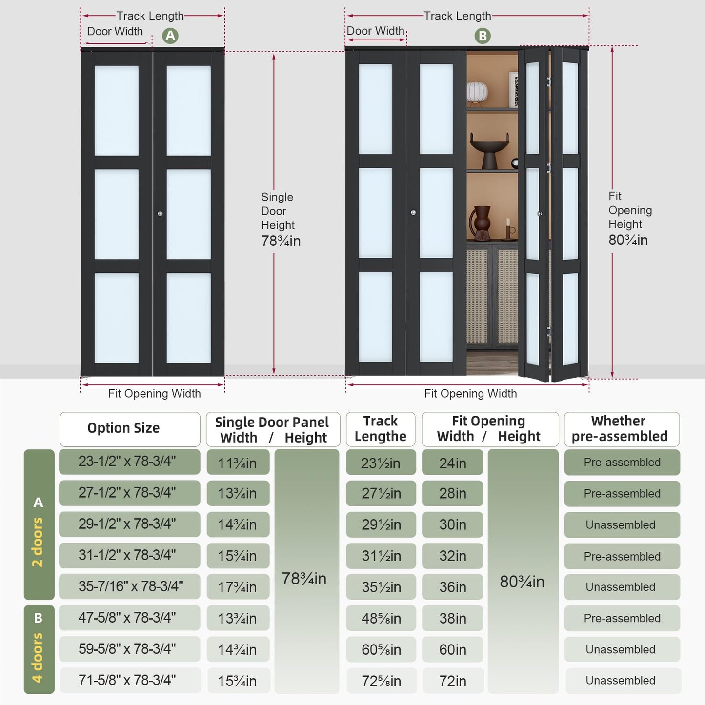 Easelife Bifold Closet Doors,Folding Door for 30" x 80" Opening,3-Lite Tempered Frosted Glass,Black Interior Bi-fold Barn Door with Concealed Sliding Hardware Kit,MDF Panel for Pantry and Laundry