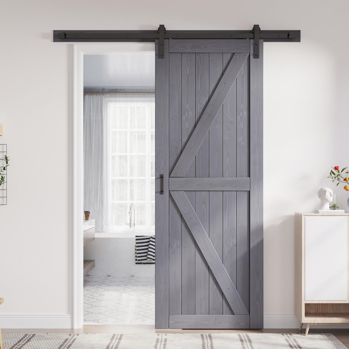 FREDBECK 36in x 96in Gray Wood Barn Door Slab with 6.6ft (79inch) Barn Door Hardware Track Kit Included, Double Surfaces,Simple Assembly is Required,K-Frame,Grey