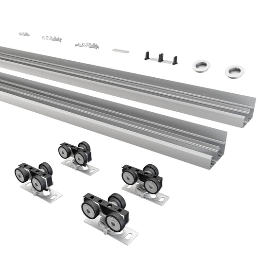BarnBase 9FT/108(Double 4.5FT) Bypass Door Hardware, Aluminum Double-Closing Sliding Closet Door Hardware with Finger Pull Included, Smoothly and Quietly, Fit Door Thickness 1 3/8" or 1 3/4", Silver
