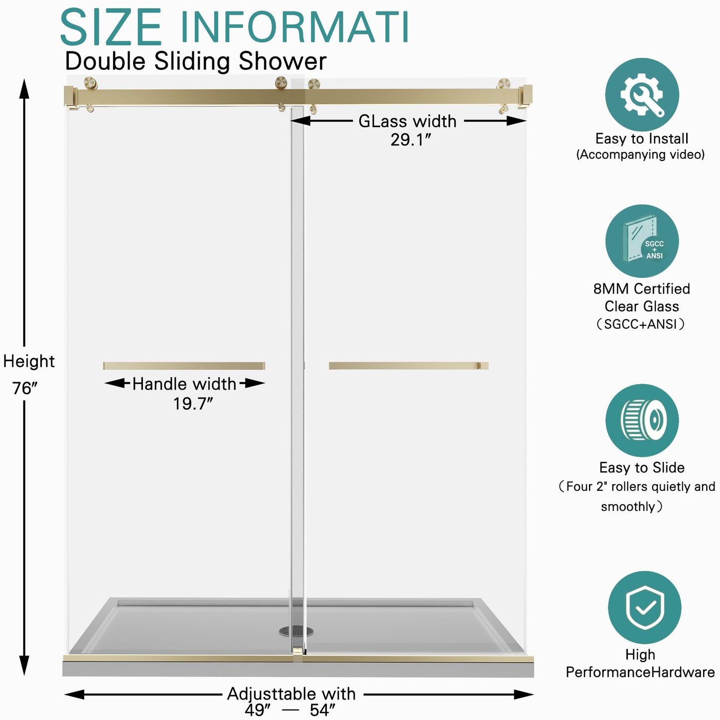 Dyvalis 49-54" W x 76" H Frameless Double Sliding Shower Door for Walk-in Shower,5/16" (8mm) SGCC Certified Clear Tempered Safety Glass,Easy-Clean Coating,Quiet Heavy-Duty Roller System, Brushed Gold