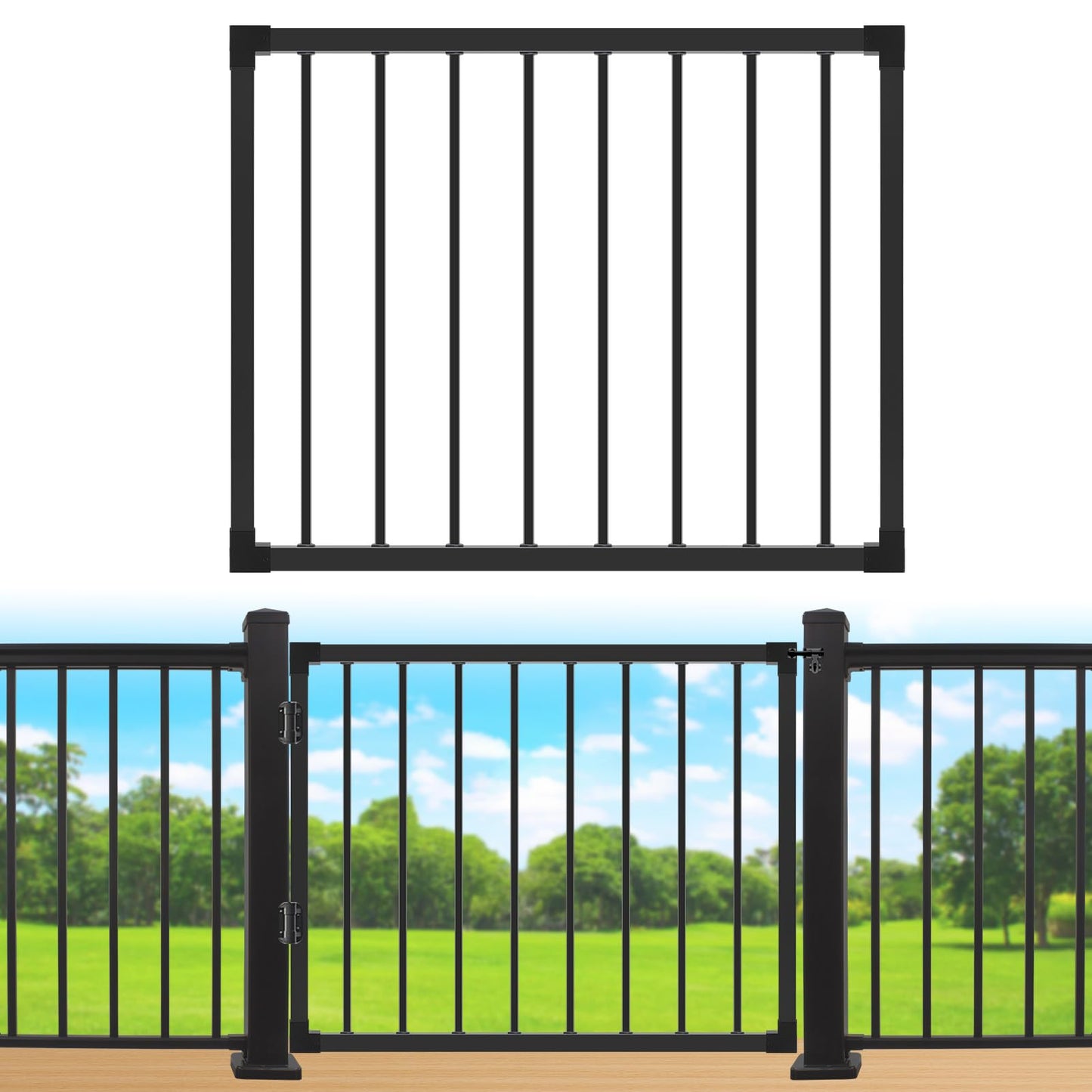 Deck Fence Gate Outdoor, 42‘'Hx48‘'W Deck Gate, Black Heavy Duty Steel Anti-Rust Door with Customizable Width, Metal Gate for Residential, Yard, Patio(No Hinge)