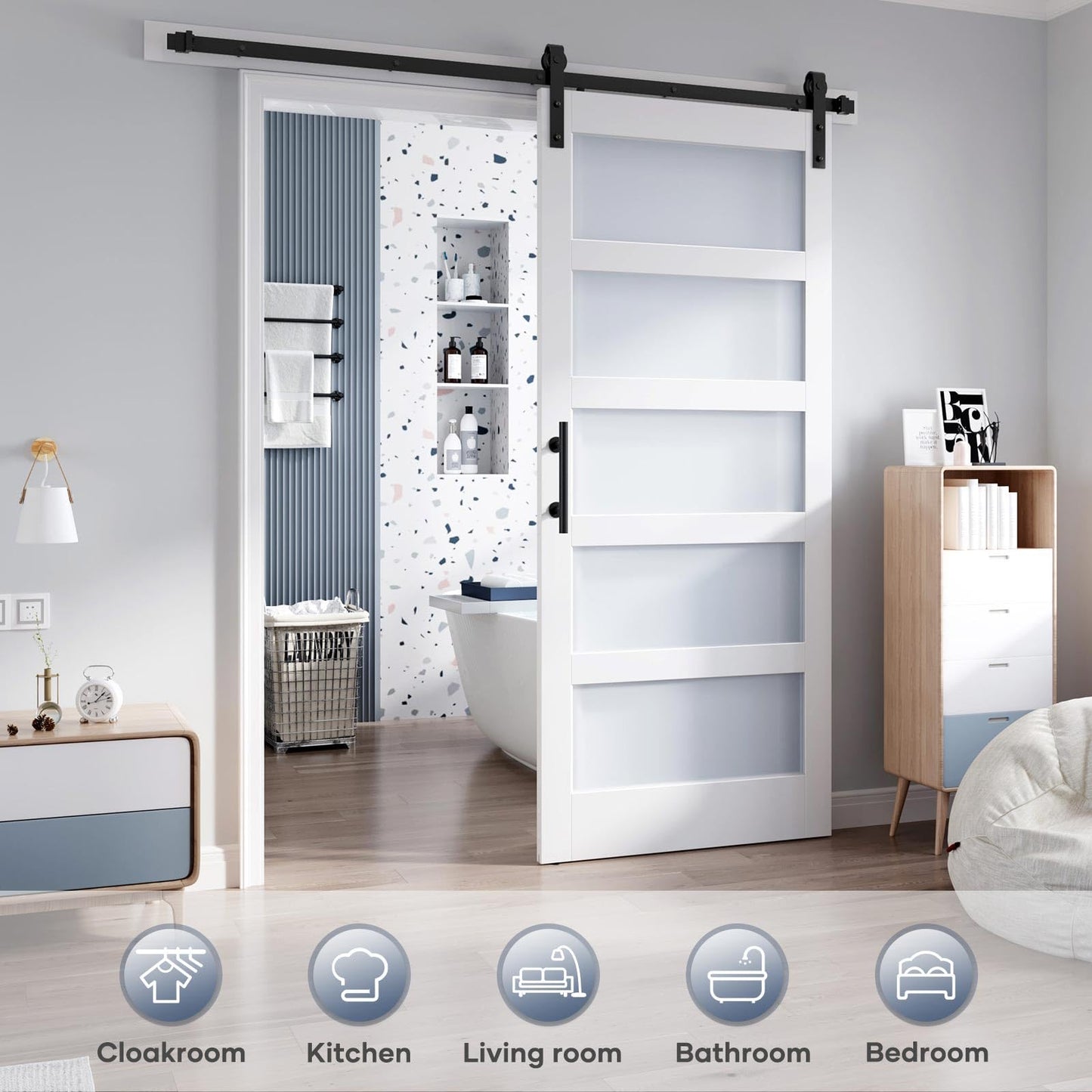 ROYMELO 36x80 Inch Glass Sliding Barn Door Slab and 6.6ft Hardware Kit Included, 5 Frosted Glass, LVL Wood Panel Covered with White Water-Proof Scratch-Proof PVC Surface, Simple DIY Assembly