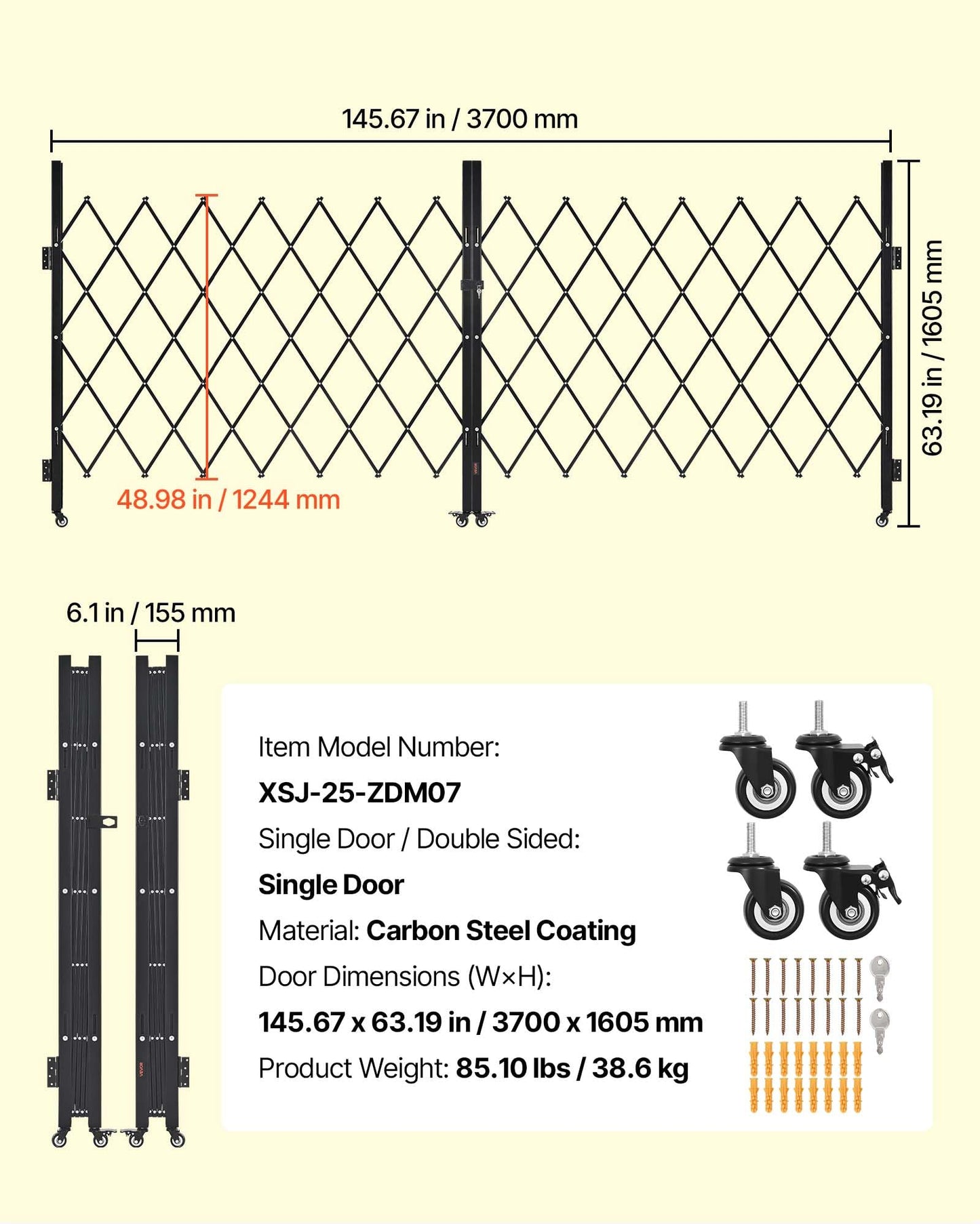 VEVOR Double Folding Security Gate, Lockable Scissor Gate with 360° Swivel Casters, Outdoor Barricade Steel Retractable Gates, for Entry Security, Garage, Warehouse & Pool, 145.67 x 63.19 in (W x H)