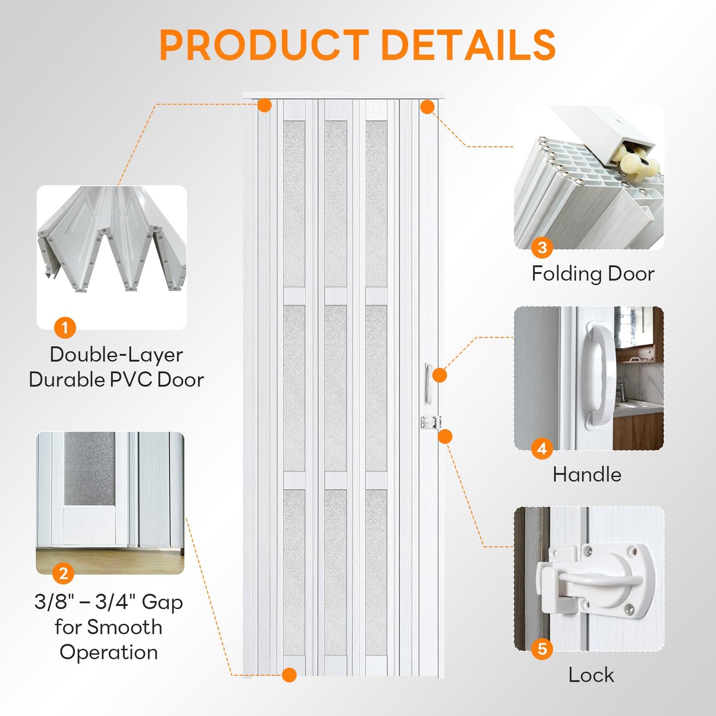 CCBOYSHARDWARE 30X80inAccordion Door with Frosted Acrylic Panels, Privacy PVC Folding Door with Lock & Handle, Double Magnetic Bifold Door for Closet, Pantry& Room Divider,Easy to Clean,Trimmable