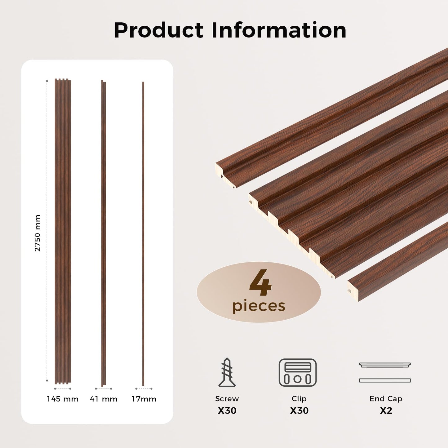 VESLARA Slat Wood Panel 4pcs Wall Panels with 2pcs End Trims 108’’ x 5.7’’ Wood Wall Panel for Interior Wall Decor Bedroom Living Room TV Background Walnut