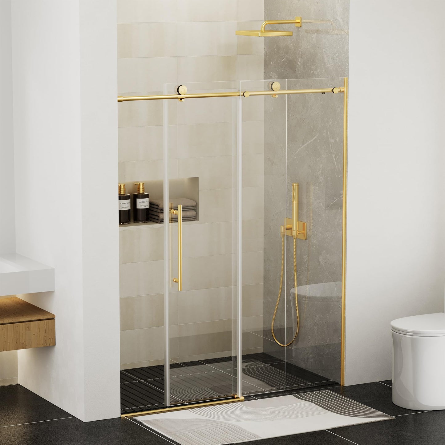 Findepot Frameless Sliding Shower Door 56-60 in W x 75 in H,Frameless Shower Door with 5/16" (8mm) Clear Tempered Glass,Silent Soft-Close Design,Brushed Gold