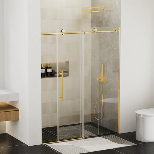 Findepot Frameless Sliding Shower Door 56-60 in W x 75 in H,Frameless Shower Door with 5/16" (8mm) Clear Tempered Glass,Silent Soft-Close Design,Brushed Gold