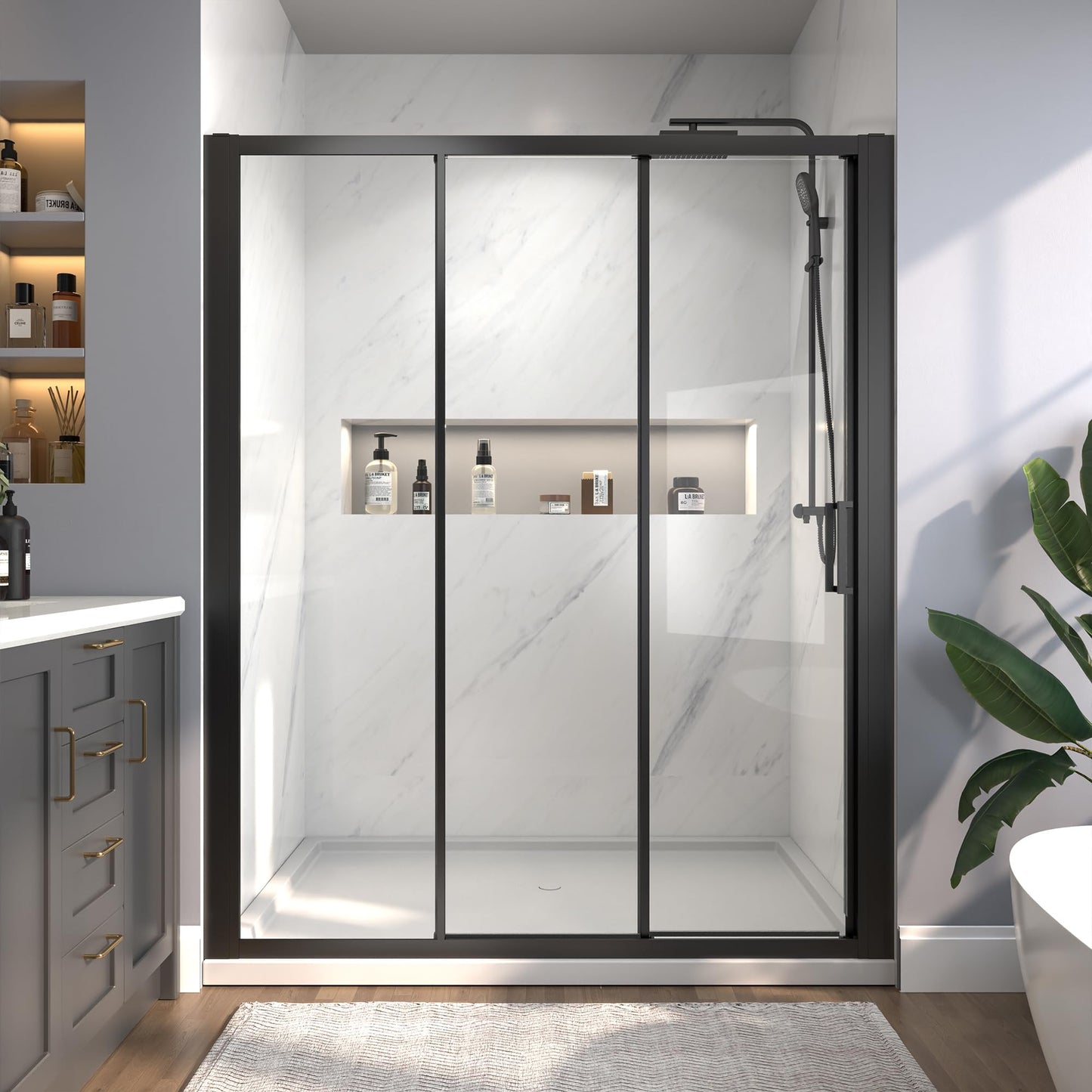56"-60" W x 70" H Tri-Fold Sliding Shower Door, 1/4" (6mm) Clear SGCC Tempered Glass Shower Door with Easy-Clean Coating, 32 1/8" Walk-in, No-Cutting Adjustment, Reversible Installation, Matte Black
