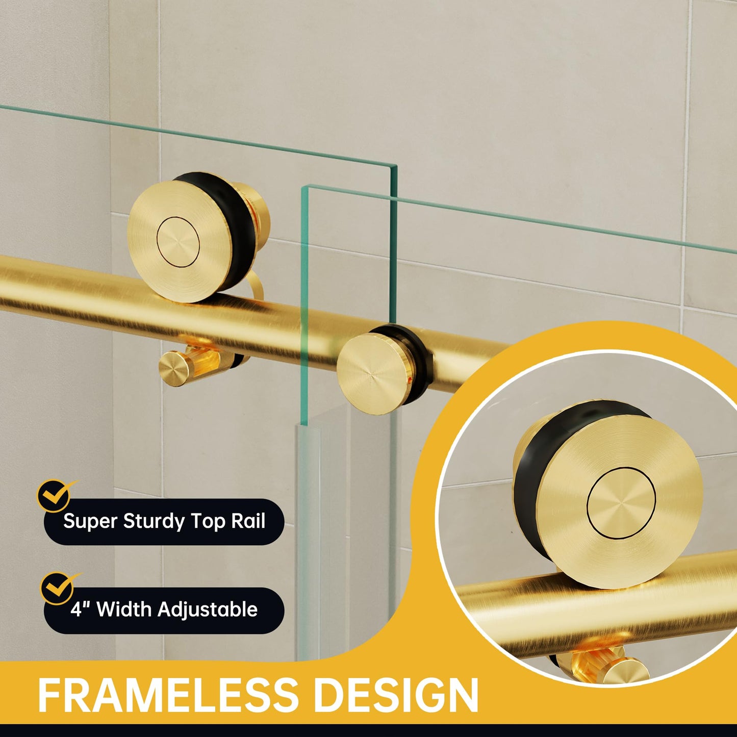 Findepot Frameless Sliding Shower Door 56-60 in W x 75 in H,Frameless Shower Door with 5/16" (8mm) Clear Tempered Glass,Silent Soft-Close Design,Brushed Gold