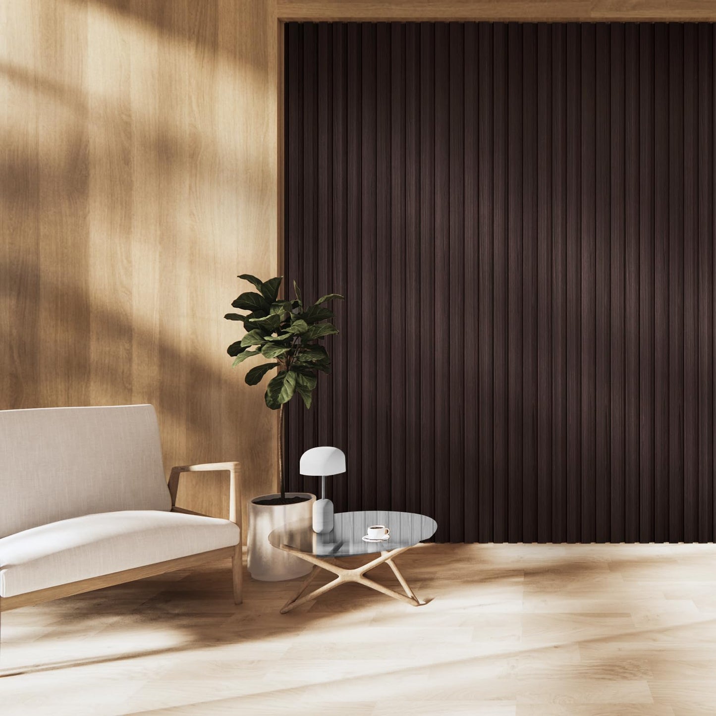 OUZUGIE WPC Acoustic Slat Wall Paneling, 8-Pack 96 x 6 Inches 3D Wall Panels for Interior Wall Decor,Living Room,TV Background,Study Room,Office Spaces,Bedroom,Low Grille (Walnut)