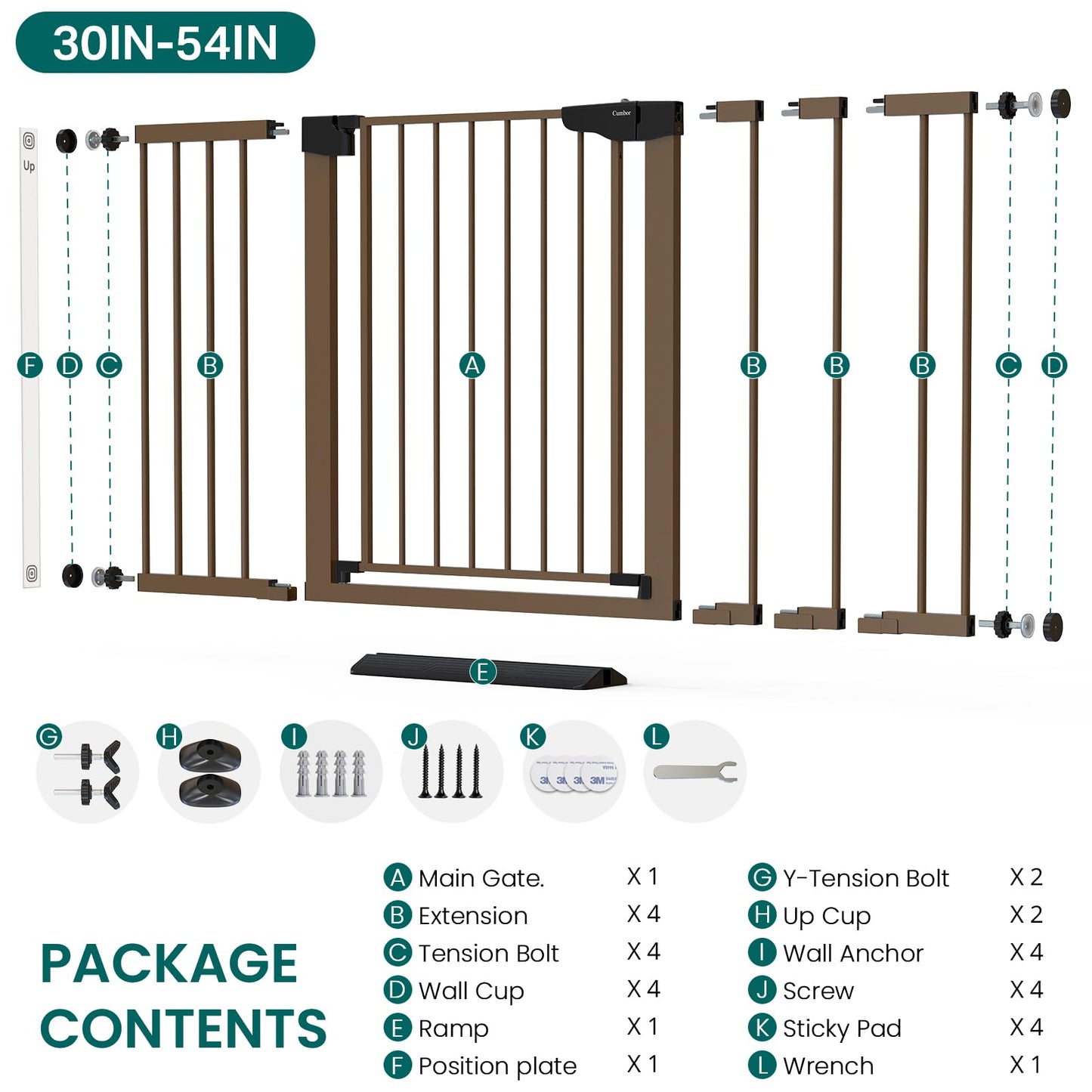 Cumbor 30-54" Extra Wide Baby Gate for Stairs, Dual Lock & Self-Closing Dog Gate Indoor, Easy Install Pet Gate for Doorways, Hallways & Kitchen, Easy Walk Thru Safety Proofing for Babies & Pets, Brown