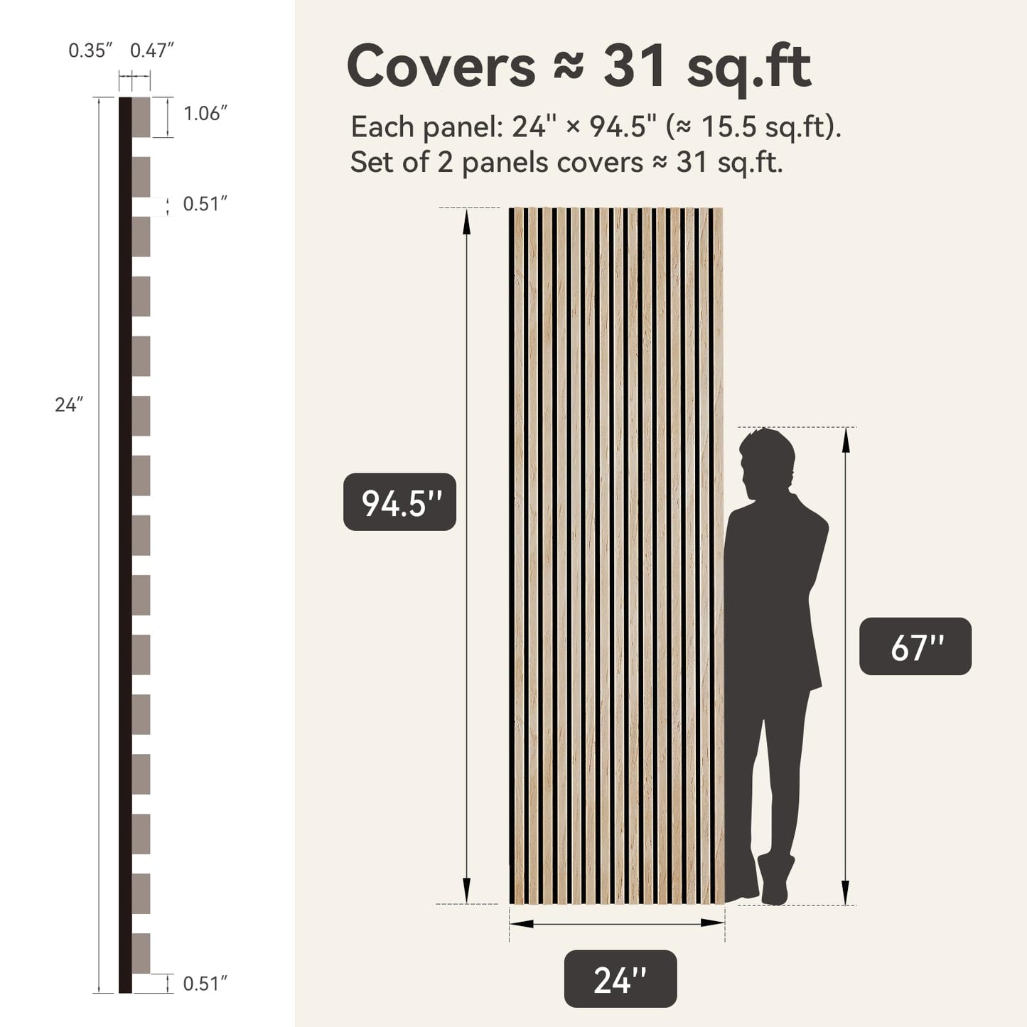 Upick MDF Acoustic Wall Panels Sound Absorbing, 2 Pack 94.5 x 23.4 inch Sound Proof Foam Wall Panels & Wood Slat Wall Panels for Interior Wall Decor, Oak