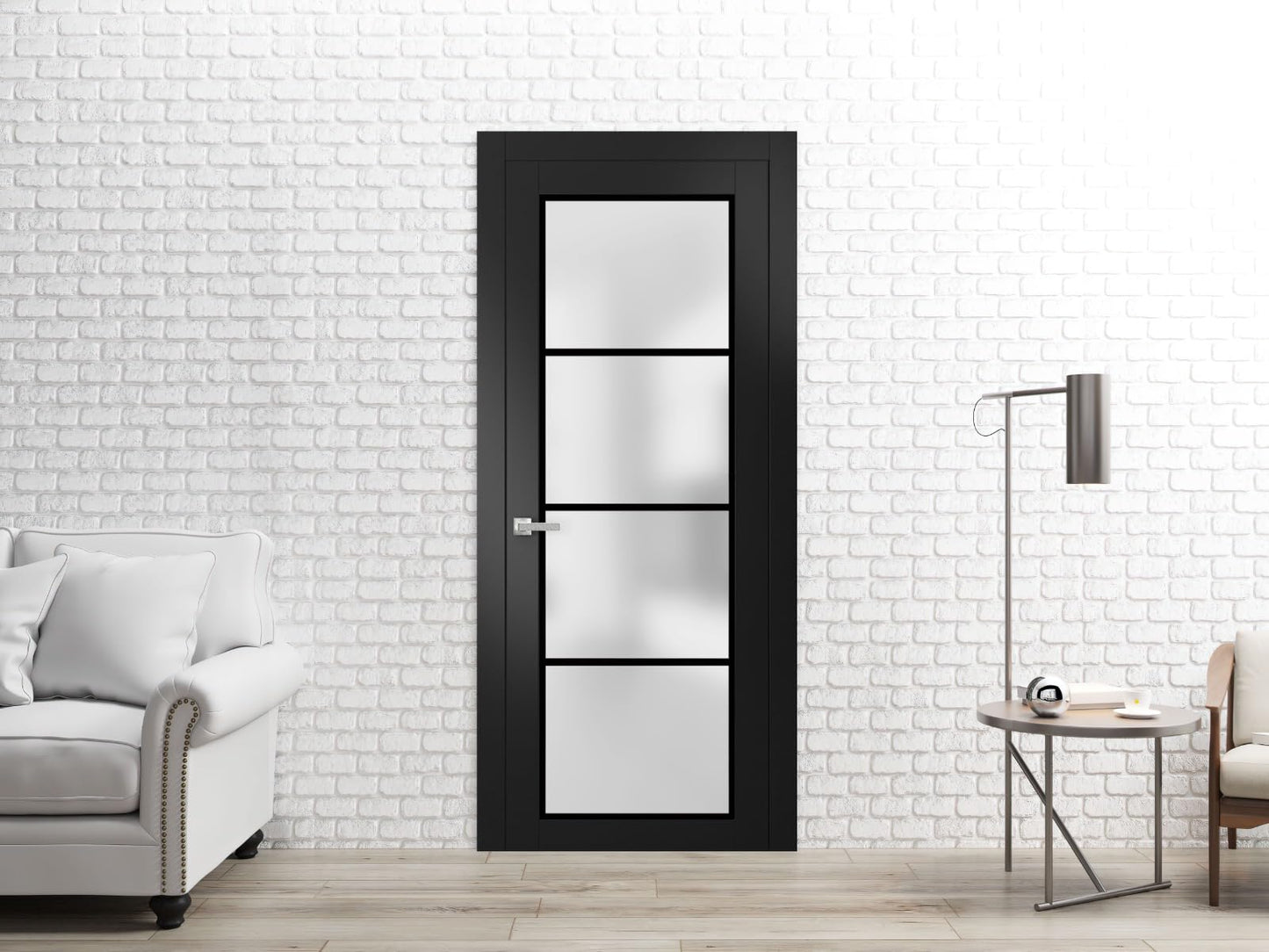 Solid French Pre-Hung Door 30 x 80 inches | Planum 2132 Matte Black Frosted Glass | Single Regular Panel Frame Trims Handle | Bathroom Bedroom Sturdy Doors
