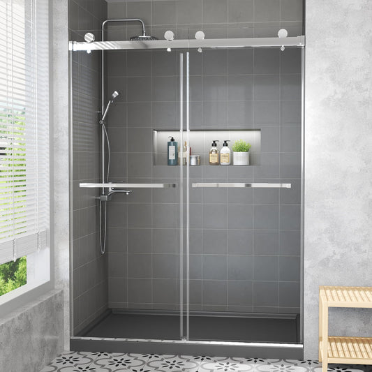 56"-60" W x 76" H Frameless Shower Door, 3/8" (10mm) ANSI Certified Tempered Glass, Double Sliding Bypass, Stainless Steel, Chrome