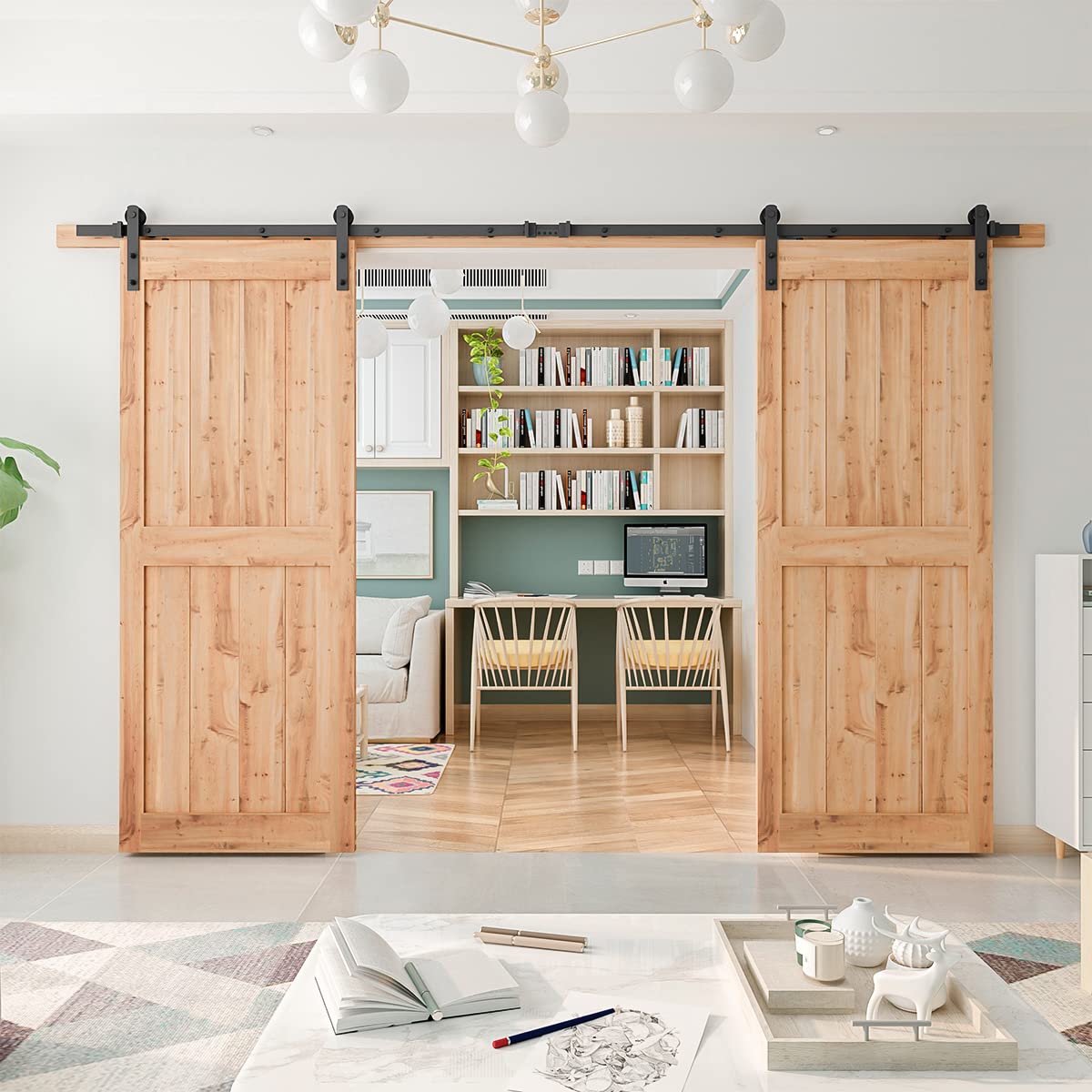 SMARTSTANDARD 11ft Heavy Duty Sturdy Double Sliding Barn Door Hardware Kit -Smoothly and Quietly -Easy to Install -Includes Installation Instruction Fit 33" Wide Door Panel (I Shape Hanger)