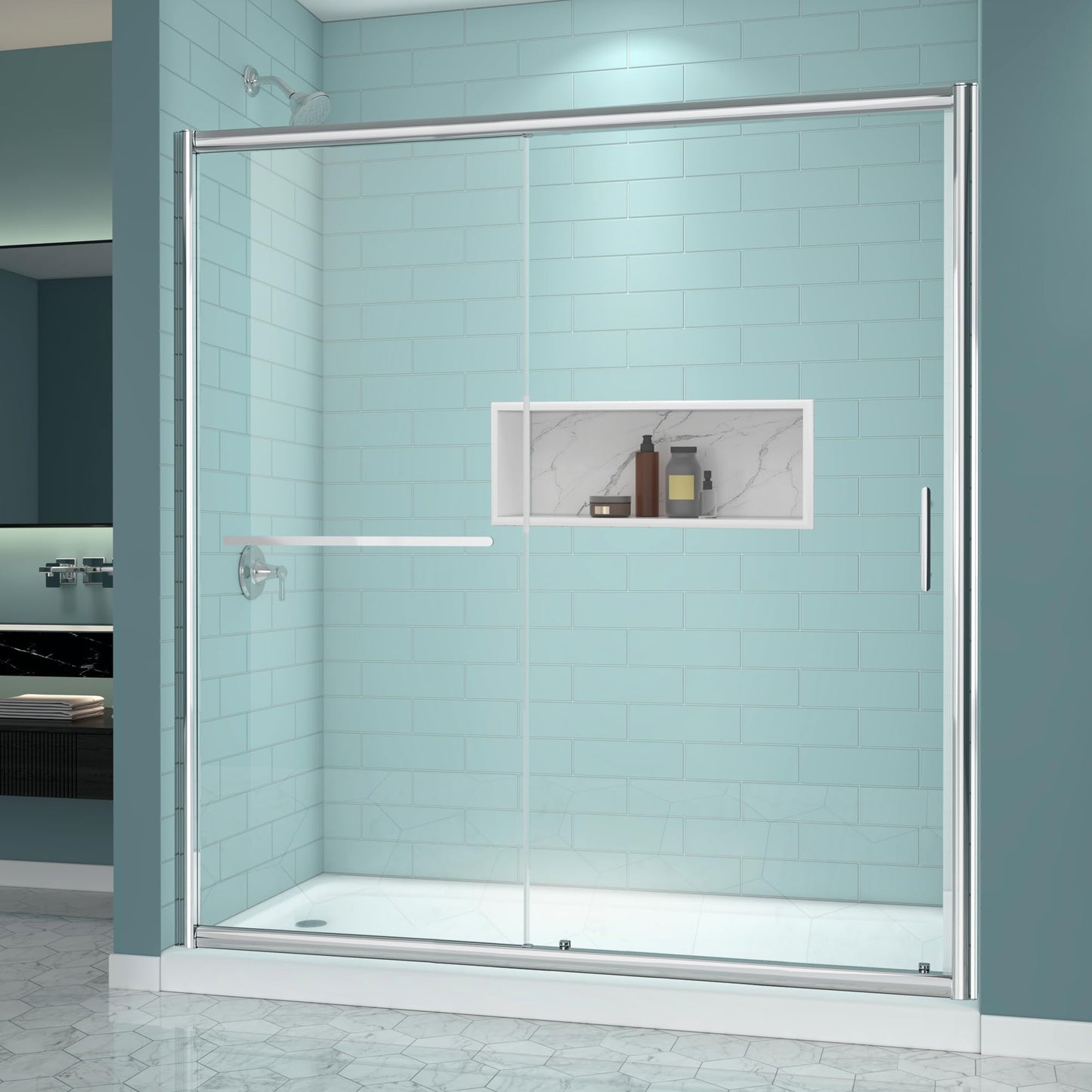 FELYL 72" Sliding Shower Door 67-72" W x 72" H, Chrome Finish, Single Sliding Door, Framed, Clear 1/4" (6mm) SGCC Tempered Glass, Reversible Installation