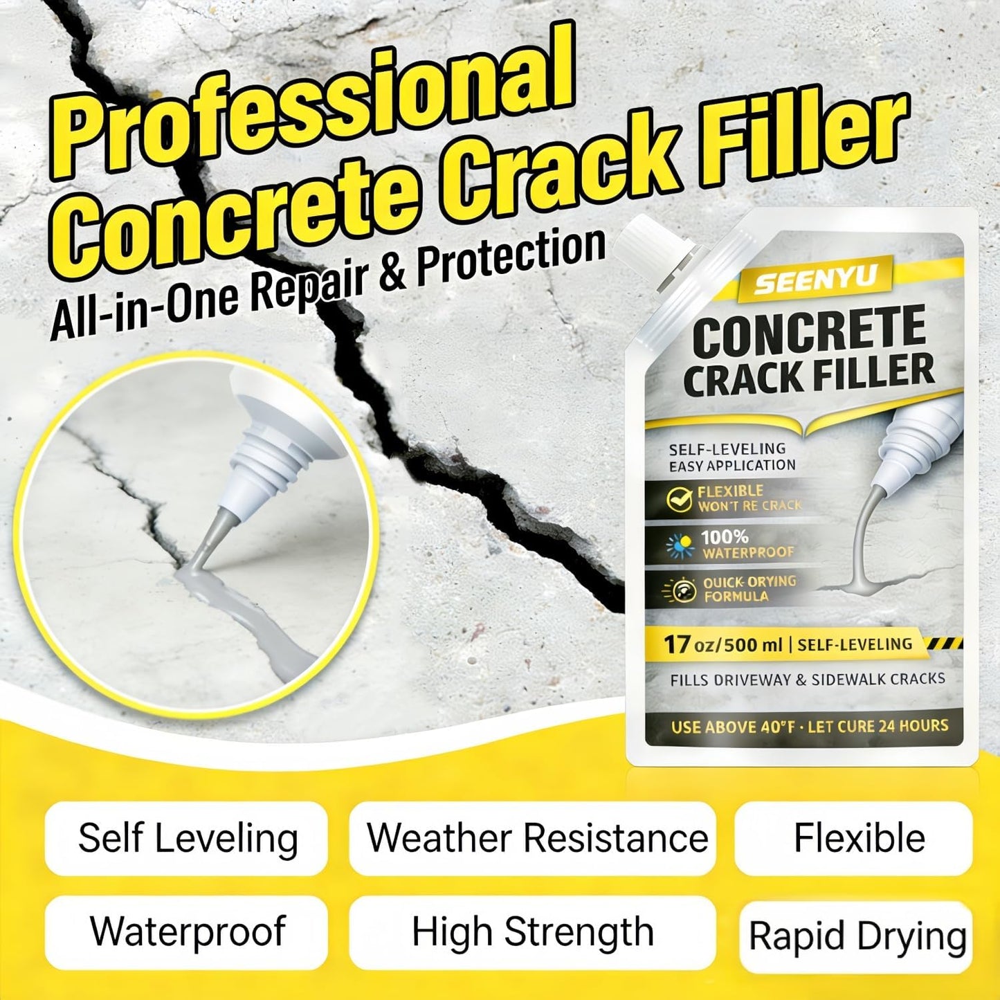 Concrete Cement Crack Filler Self-Leveling Sealant, Waterproof Fast-Drying Concrete Sealer Repair, Flexible Easy DIY Crack Seal Gule for Driveway, Sidewalk, Patio, Garage Floor, Asphal -2PC