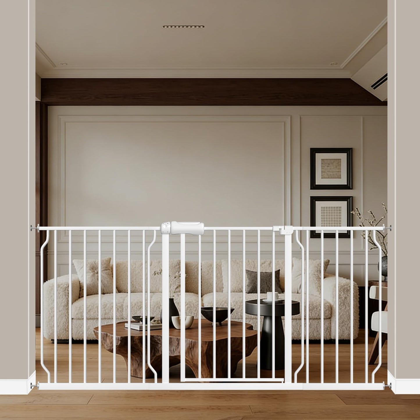 WAOWAO Baby Gate 62.19-66.88" Extra Wide Pressure Mounted Walk Through Swing Auto Close Safety White Metal Toddler Kids Child Dog Pet Puppy for Stairs,Doorways,Kitchen
