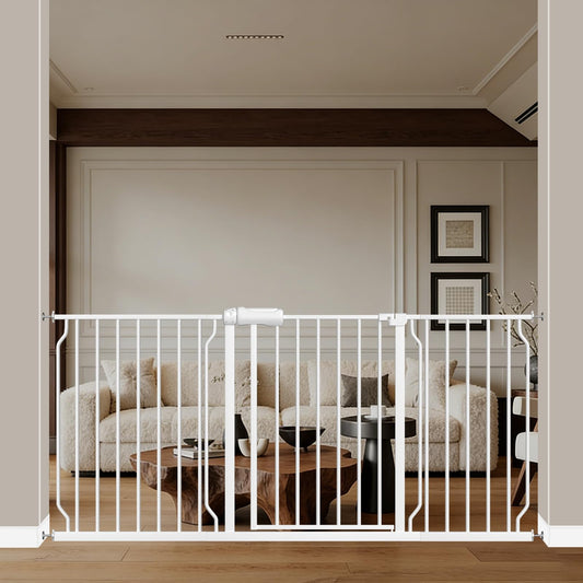 WAOWAO Baby Gate 62.19-66.88" Extra Wide Pressure Mounted Walk Through Swing Auto Close Safety White Metal Toddler Kids Child Dog Pet Puppy for Stairs,Doorways,Kitchen