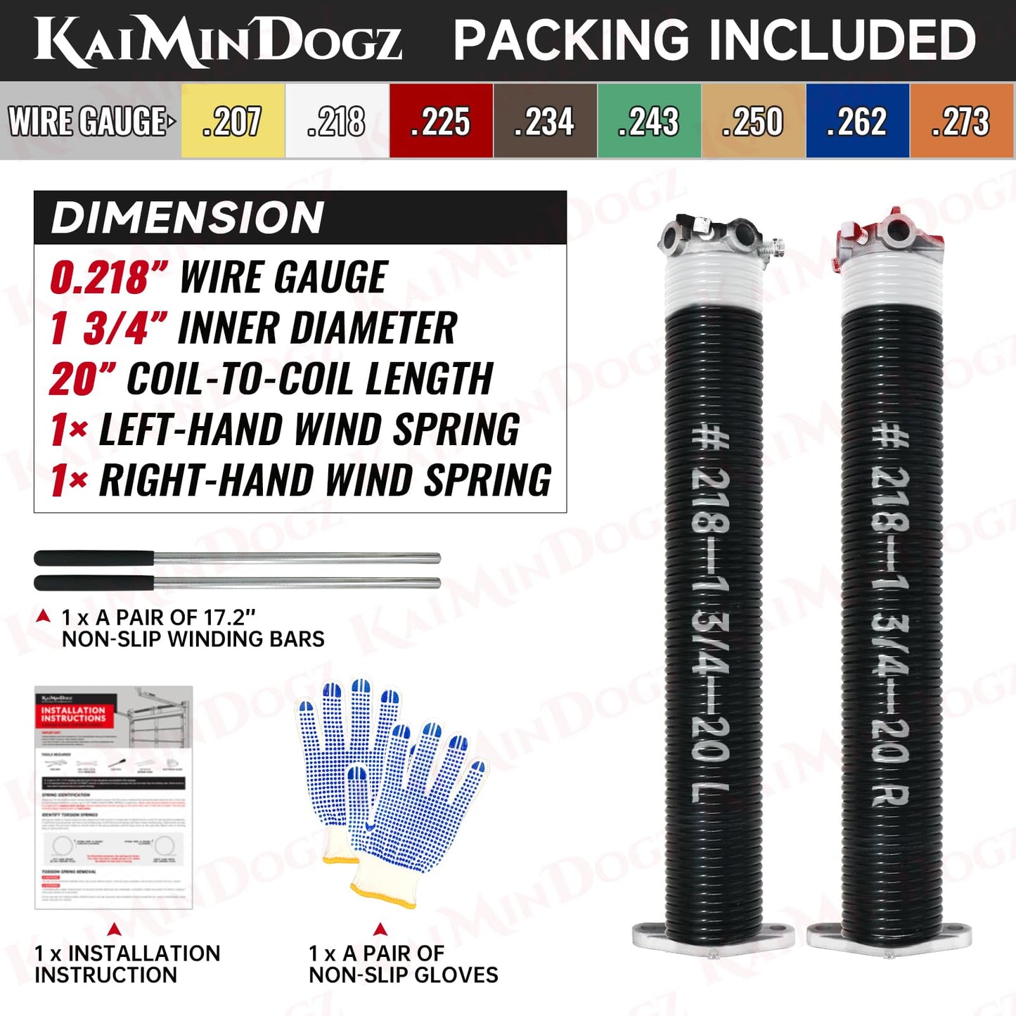 KaiMinDogz Pair of 1.75" Garage Door Torsion Springs Set with Non-Slip Winding Bars&Gloves, High Precision Electrophoresis Oil-Free Black Coated for Replacement, MIN 16,000 Cycles (0.218 x 1.75"x 20")