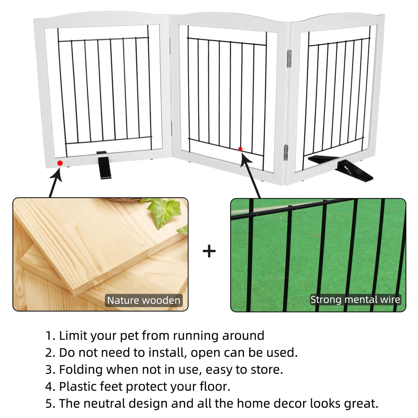 ZJSF Freestanding Dog Fence Indoor, Foldable Dog Gate for Doorways, Stairs or Hallways, Sturdy Wood Extra Wide Pet Gate with Support Feet for The House, White, 24 "Height-3 Panels