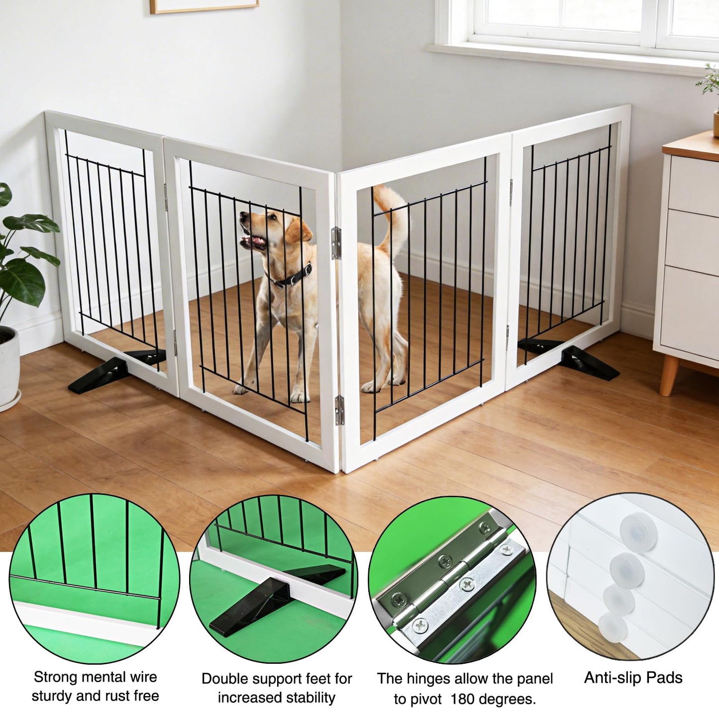 ZJSF Freestanding Dog Gate Indoor, Foldable Dog Fence for Doorways,Hallways or Stairs, Sturdy Wood Extra Wide Pet Gate with Support Feet,White,24 "Height-4 Panels