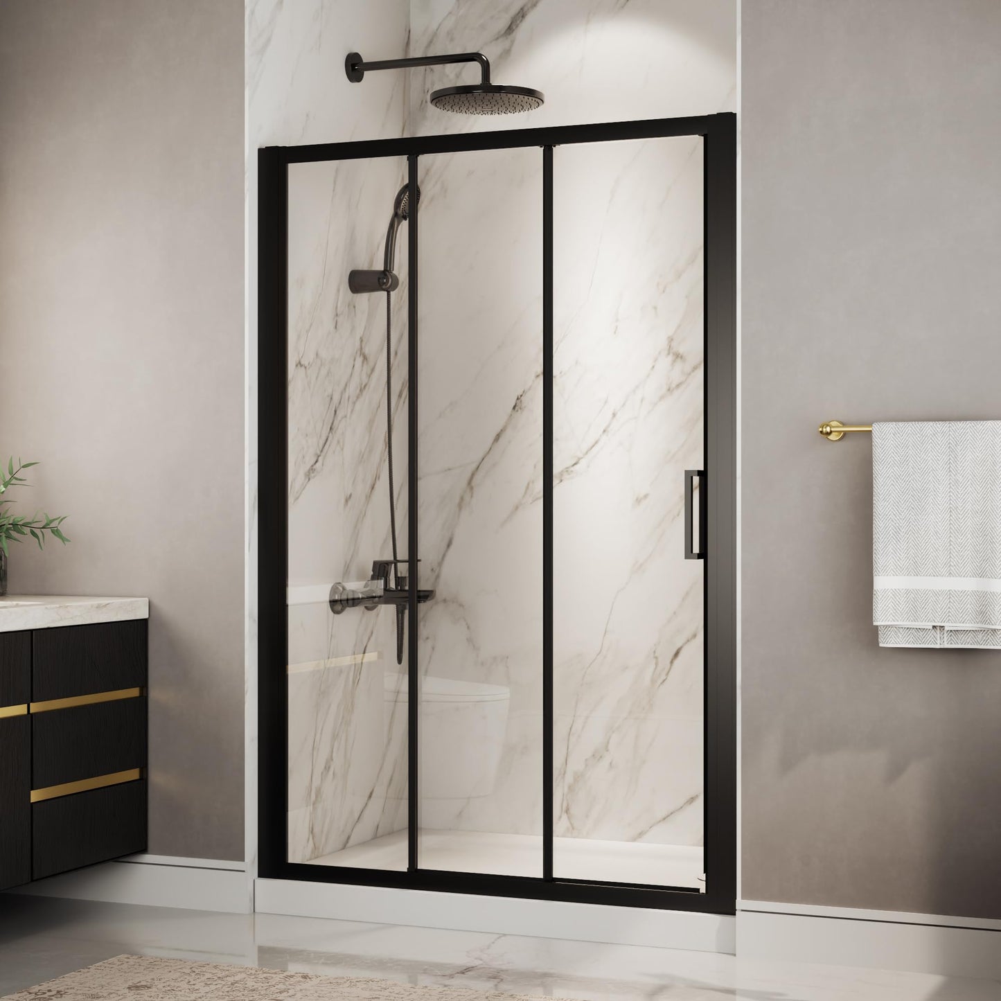 ComfyStyle 44"-48"W x70''H Tri-Fold Sliding Shower Door, Wide Walk-In Opening, Space-Saving Triple Shower Doors with Flexible Folding Glass Panels, Hidden Roller System, 6mm SGCC Tempered Glass, Black