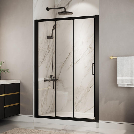 ComfyStyle 44"-48"W x70''H Tri-Fold Sliding Shower Door, Wide Walk-In Opening, Space-Saving Triple Shower Doors with Flexible Folding Glass Panels, Hidden Roller System, 6mm SGCC Tempered Glass, Black