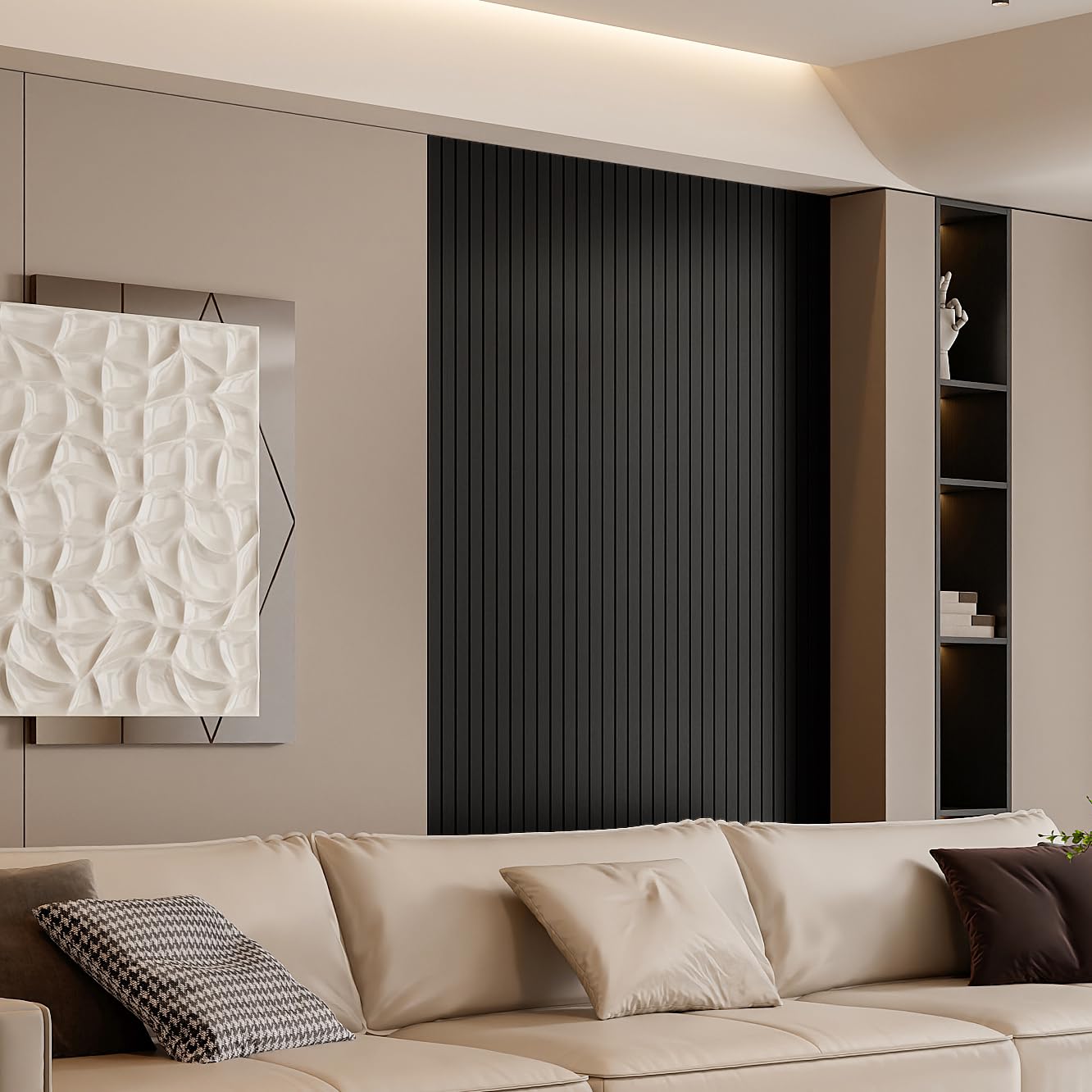 YLL YLL PVC Slat Wall Panel Peel and Stick 118"x 15.7" Faux Black Wood Grain Slat Panel Self-Adhesive Wallpaper Soundproof 3D Wall Panels