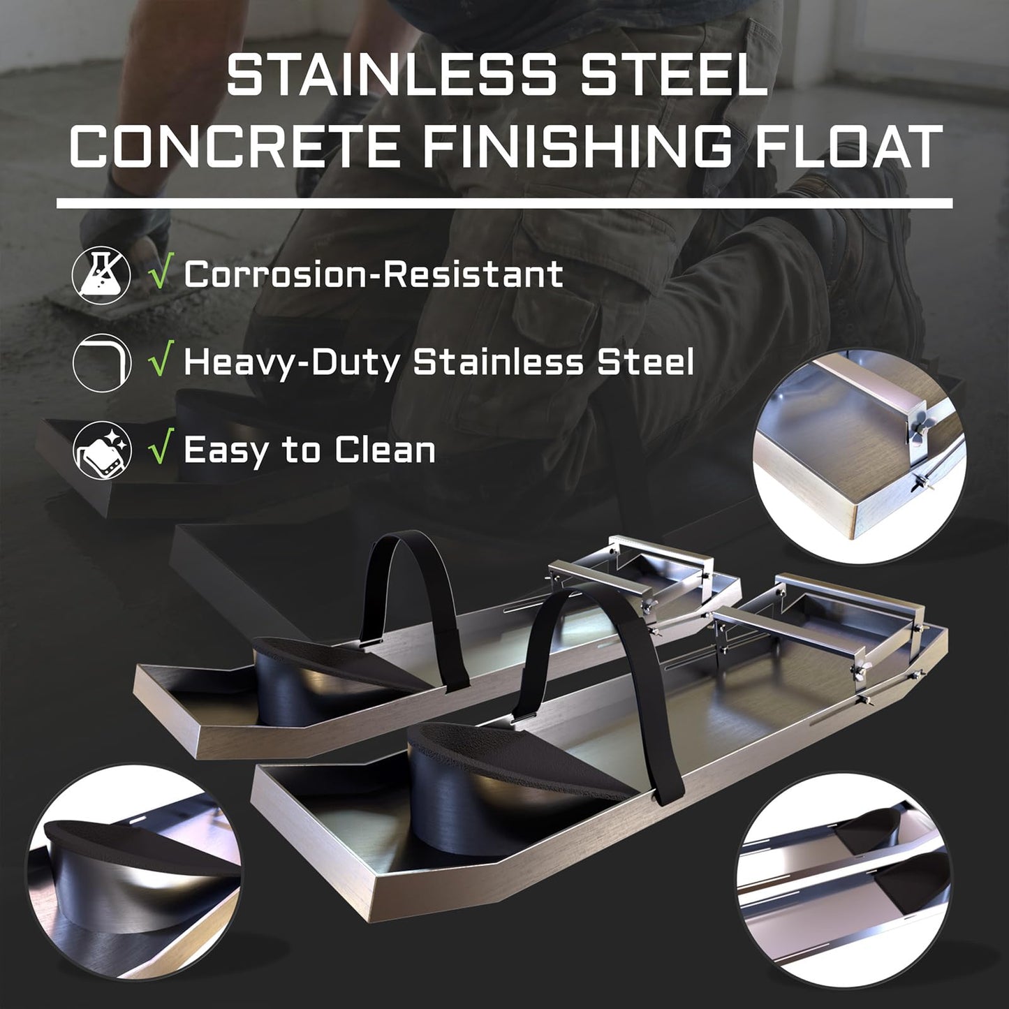 Concrete Knee Boards 30x8 Inch – Heavy Duty Stainless Steel Sliding Support for Concrete Finishing, Adjustable Toe Brackets & Comfort Straps, Professional Concrete Tools for Contractors, Masons & DIY Projects