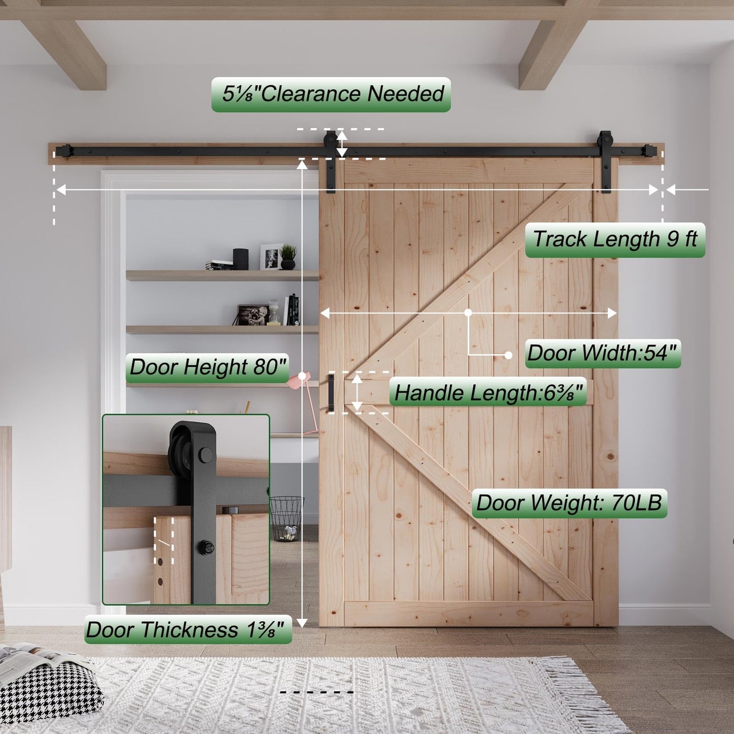 FREDBECK 54in x 80in Wood Barn Door with 9FT Barn Door Hardware Kit Included K Shape Solid Spruce Panel Need to Assembly